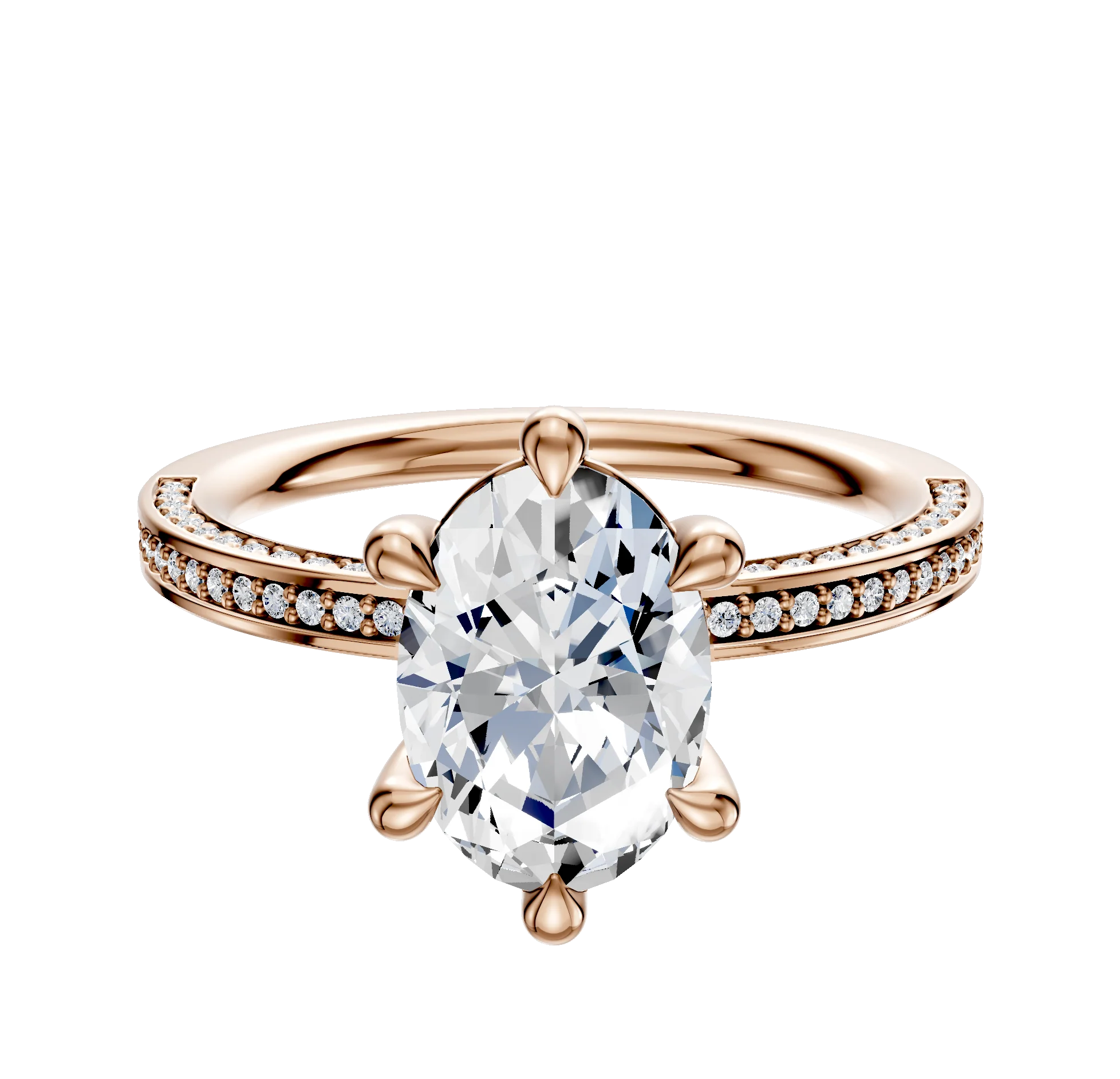 18K Rose Gold 6 Prong Basket Classic Flat 3-Row-Pave 2.0mm Engagement Ring