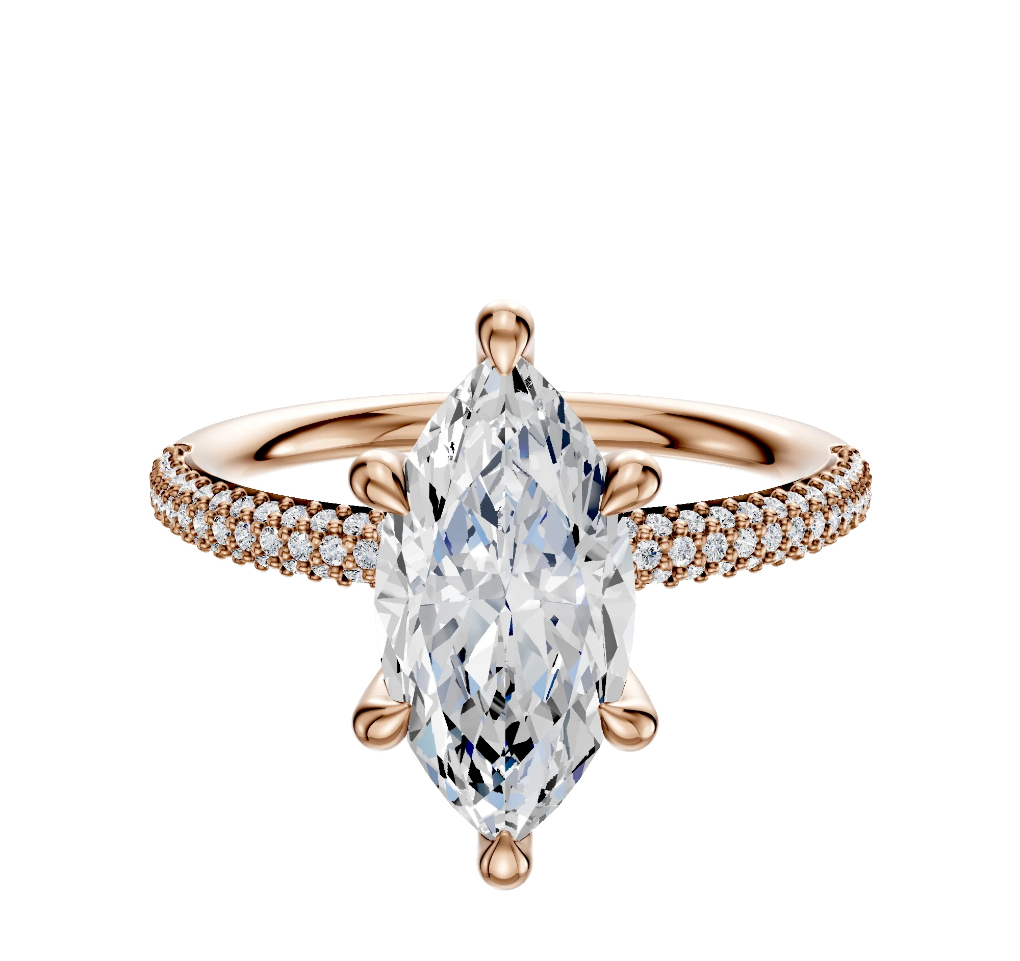18K Rose Gold 6 Prong Hidden Halo Classic Dome 3-Row-Pave 2.0mm Engagement Ring
