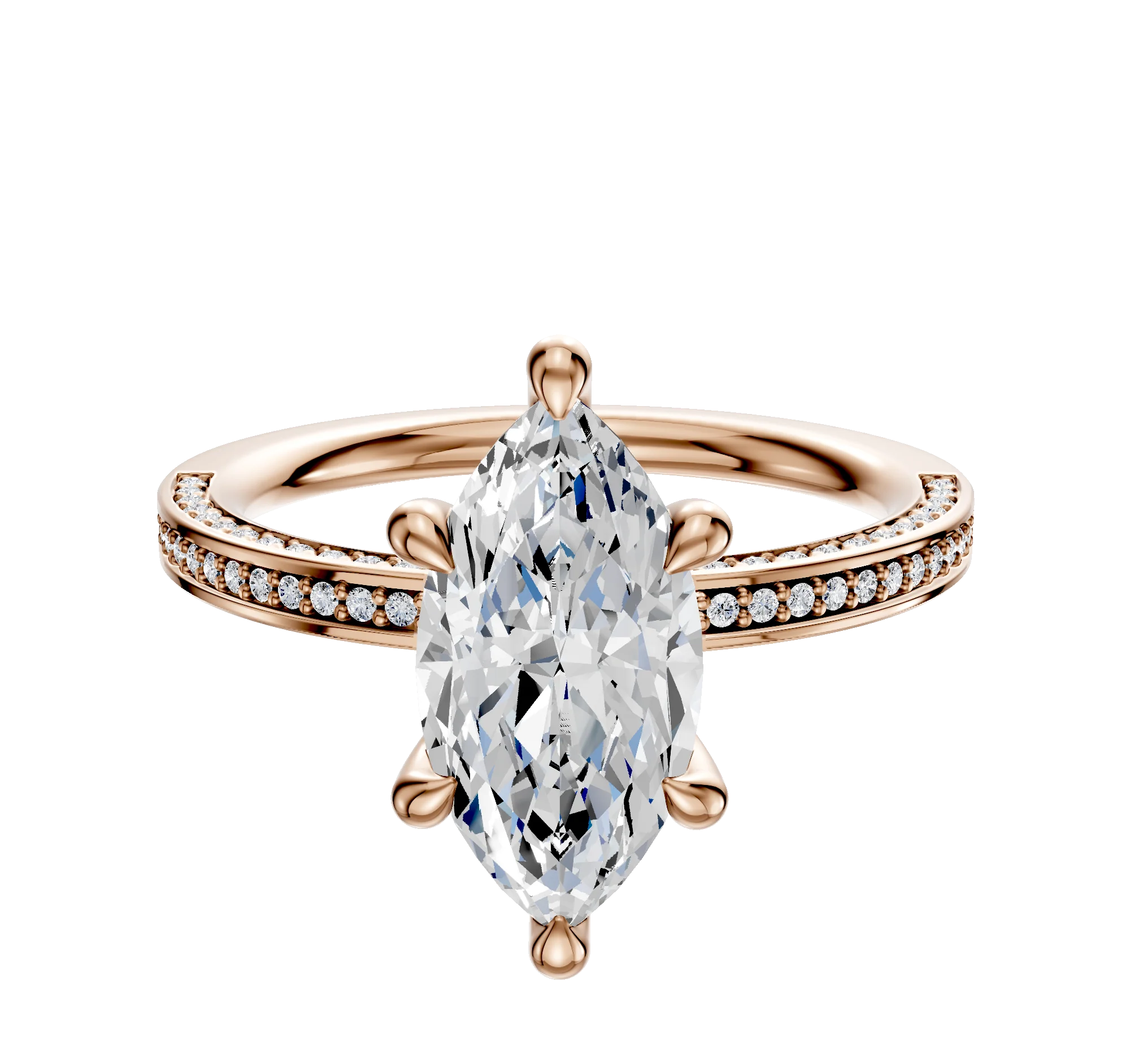 18K Rose Gold 6 Prong Hidden Halo Classic Flat 3-Row-Pave 2.0mm Engagement Ring