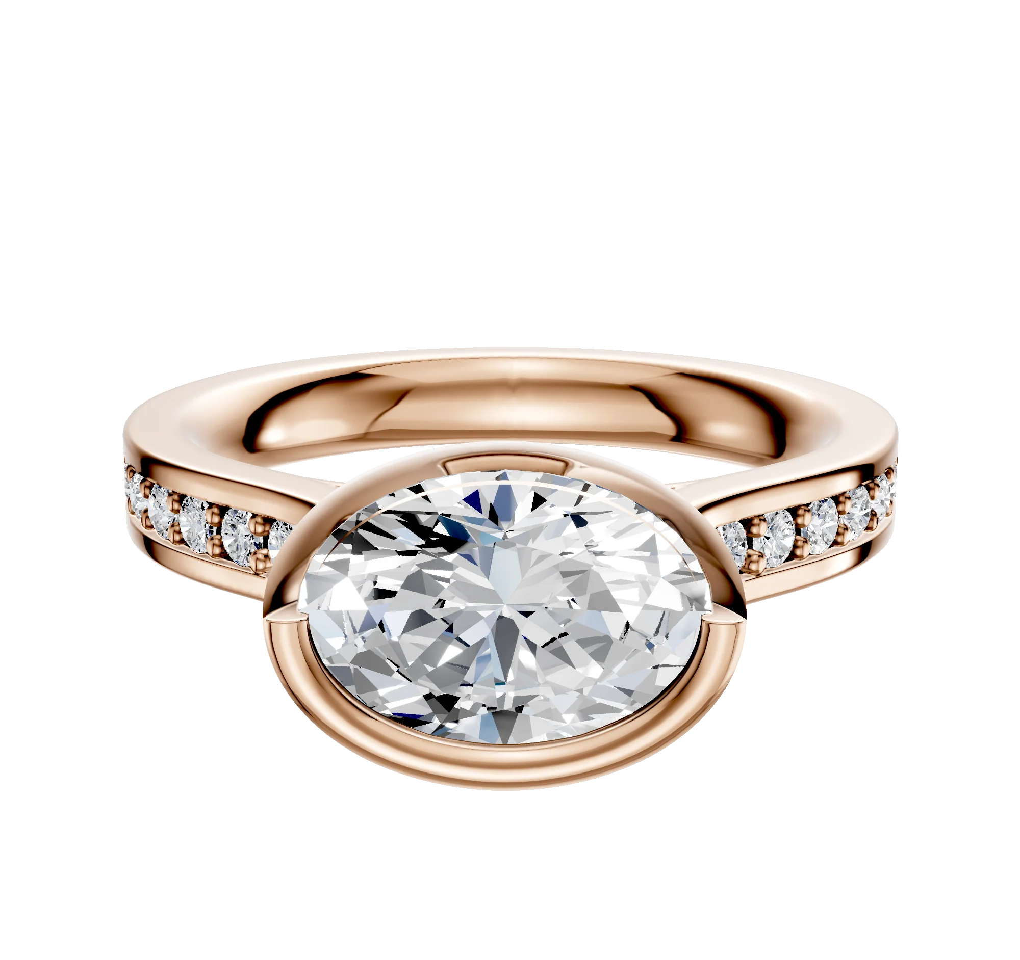 18K Rose Gold Bezel Full Bezel East/West Cathedral Flat 1-Row-Pave 2.5mm Engagement Ring