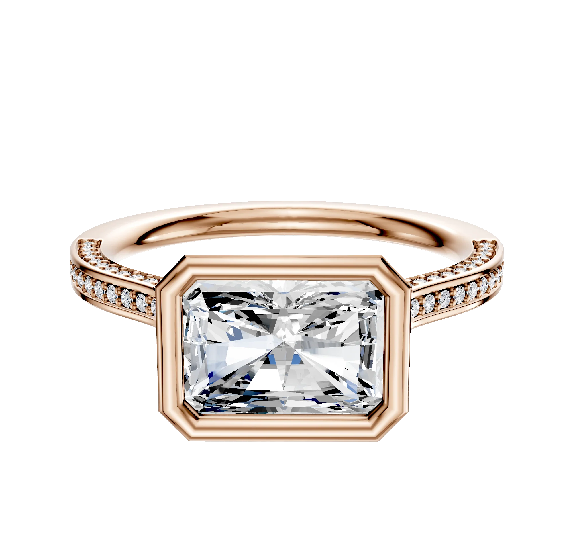 18K Rose Gold Bezel Full Bezel East/West Cathedral Flat 3-Row-Pave 2.0mm Engagement Ring