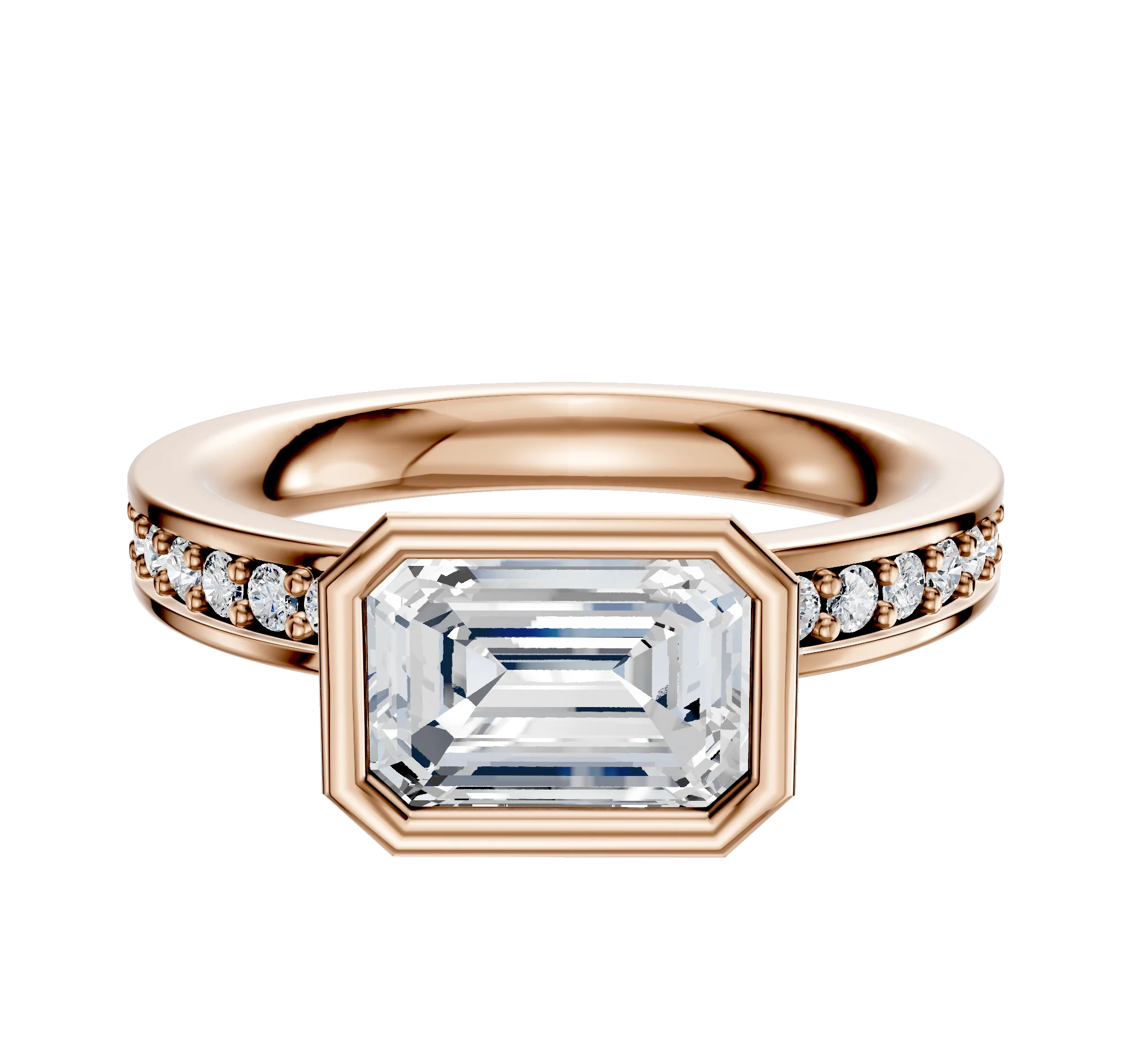 18K Rose Gold Bezel Full Bezel East/West Classic Flat 1-Row-Pave 2.5mm Engagement Ring