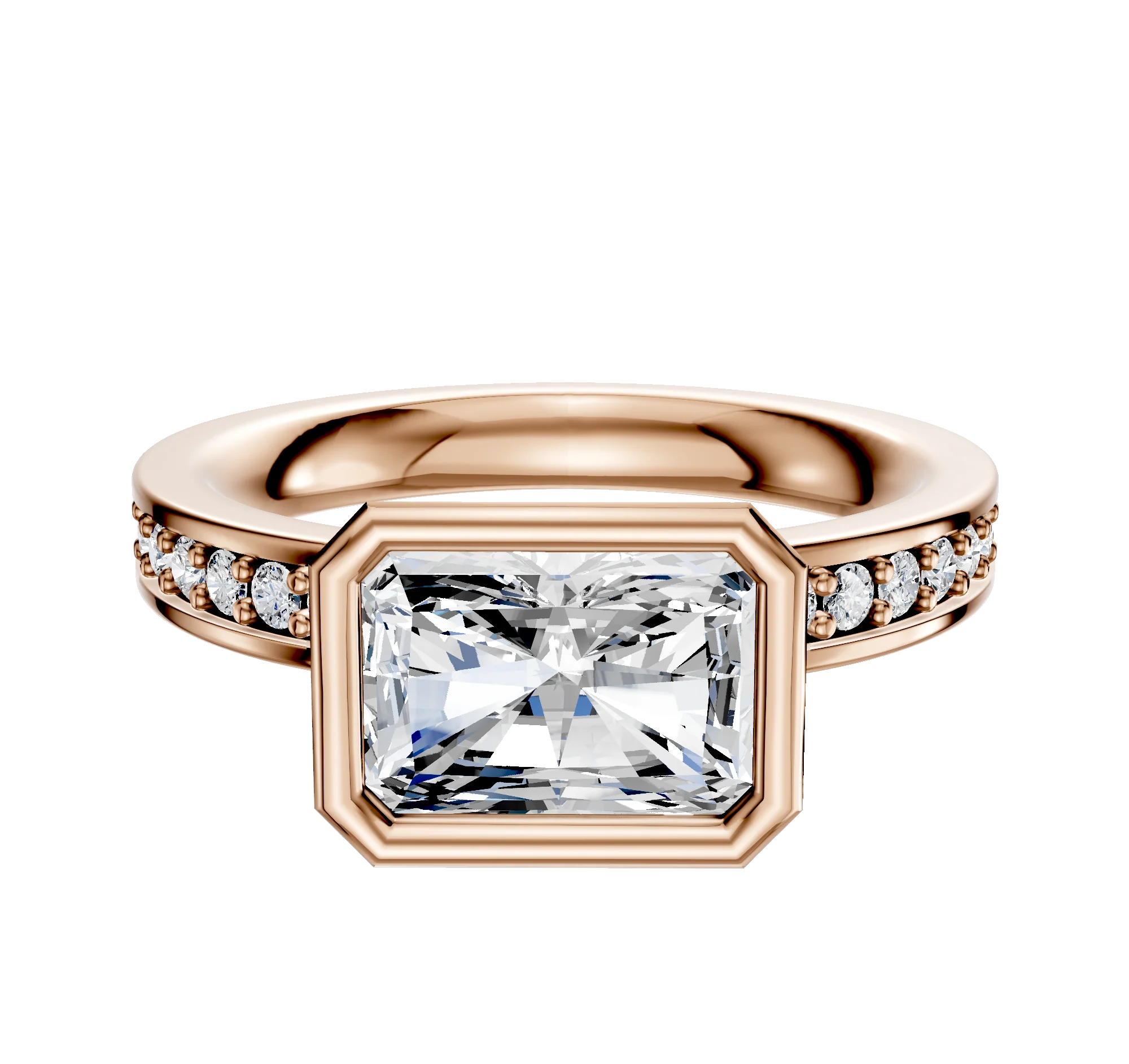 18K Rose Gold Bezel Full Bezel East/West Classic Flat 1-Row-Pave 2.5mm Engagement Ring