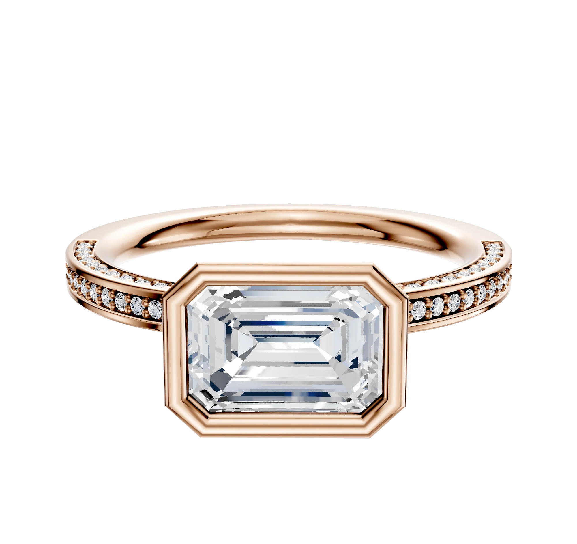 18K Rose Gold Bezel Full Bezel East/West Classic Flat 3-Row-Pave 2.0mm Engagement Ring