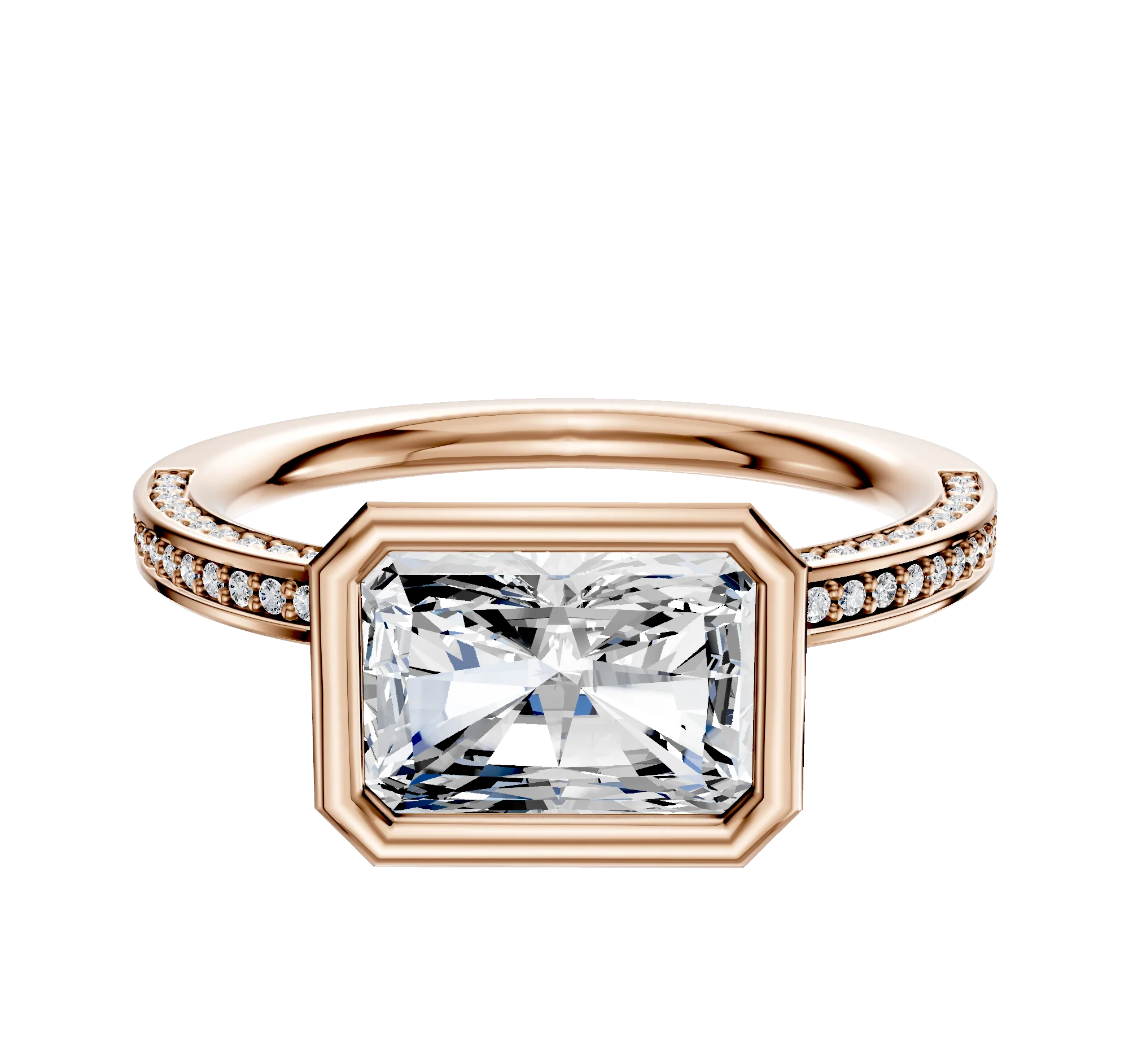 18K Rose Gold Bezel Full Bezel East/West Classic Flat 3-Row-Pave 2.0mm Engagement Ring