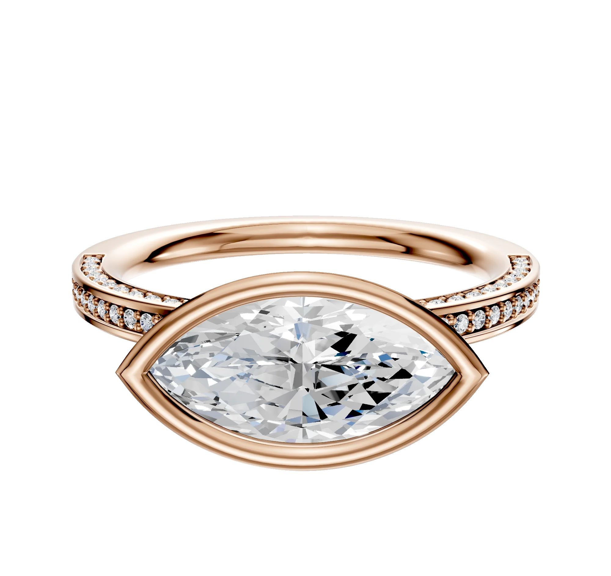 18K Rose Gold Bezel Full Bezel East/West Classic Flat 3-Row-Pave 2.0mm Engagement Ring
