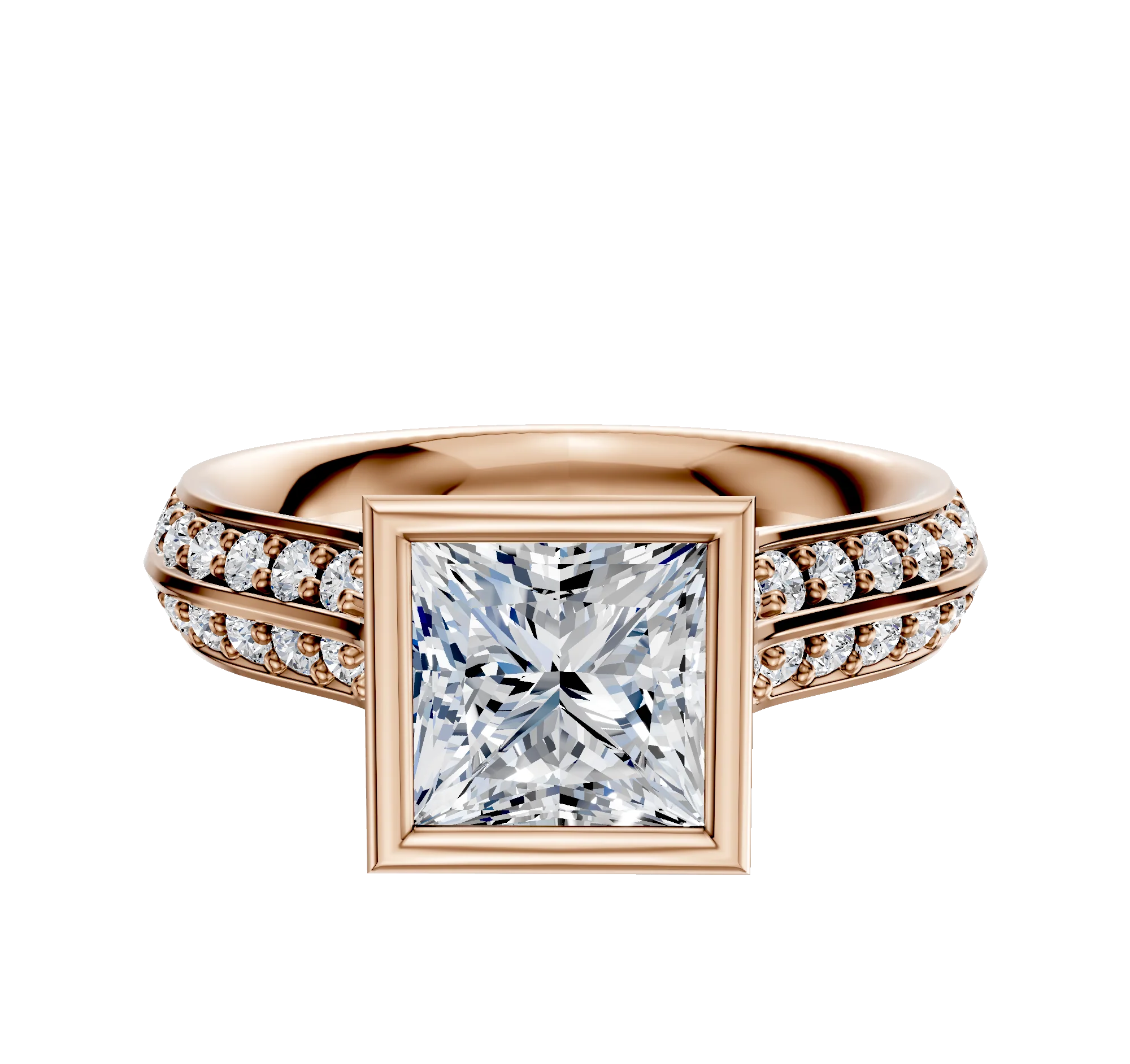 18K Rose Gold Bezel Full Bezel North/South Cathedral Knife Edge 1-Row-Pave 2.5mm Engagement Ring