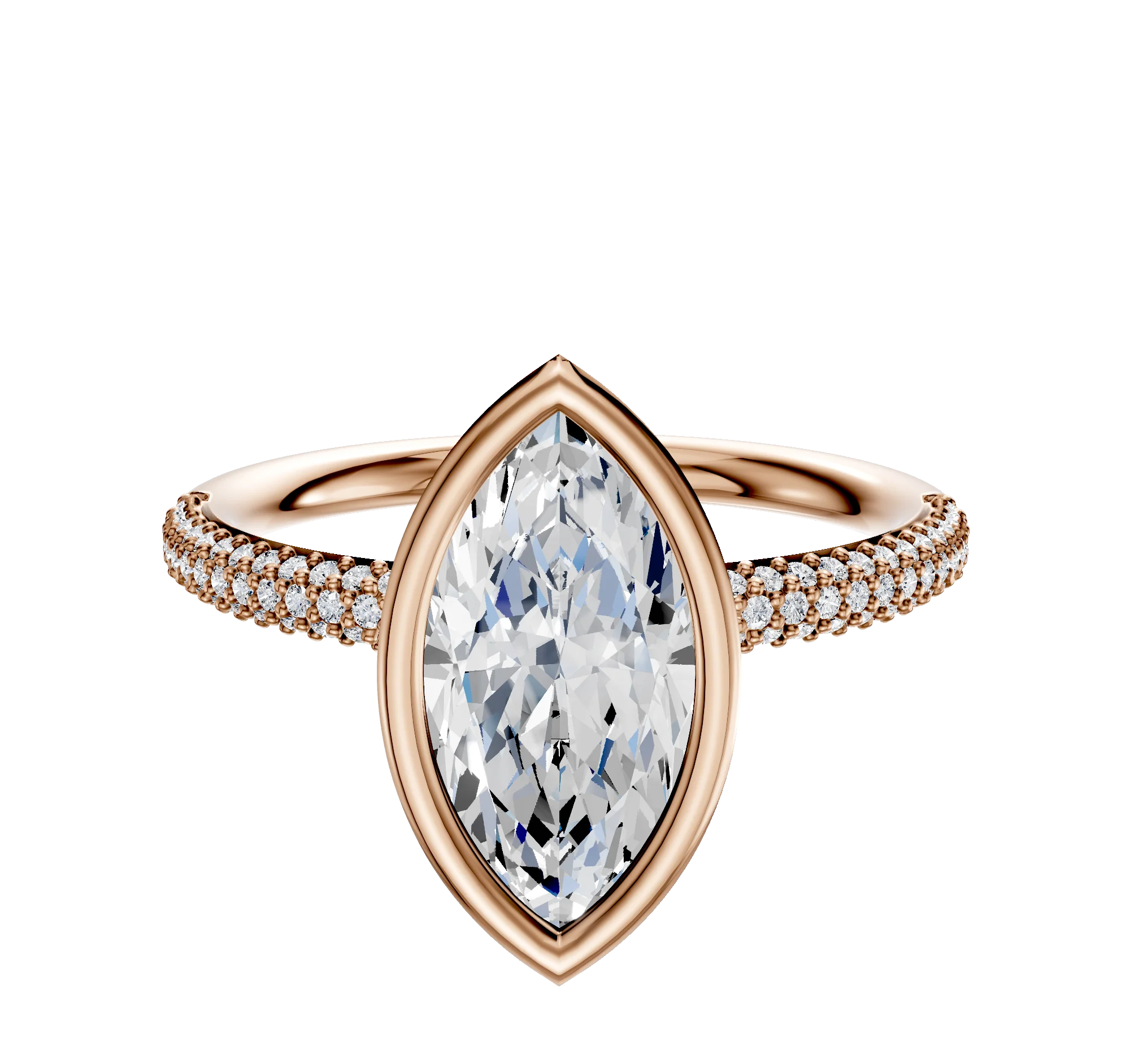 18K Rose Gold Bezel Full Bezel North/South Classic Dome 3-Row-Pave 2.0mm Engagement Ring