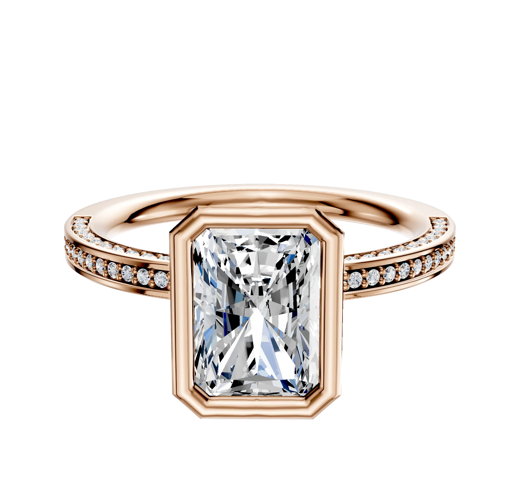 18K Rose Gold Bezel Full Bezel North/South Classic Flat 3-Row-Pave 2.0mm Engagement Ring
