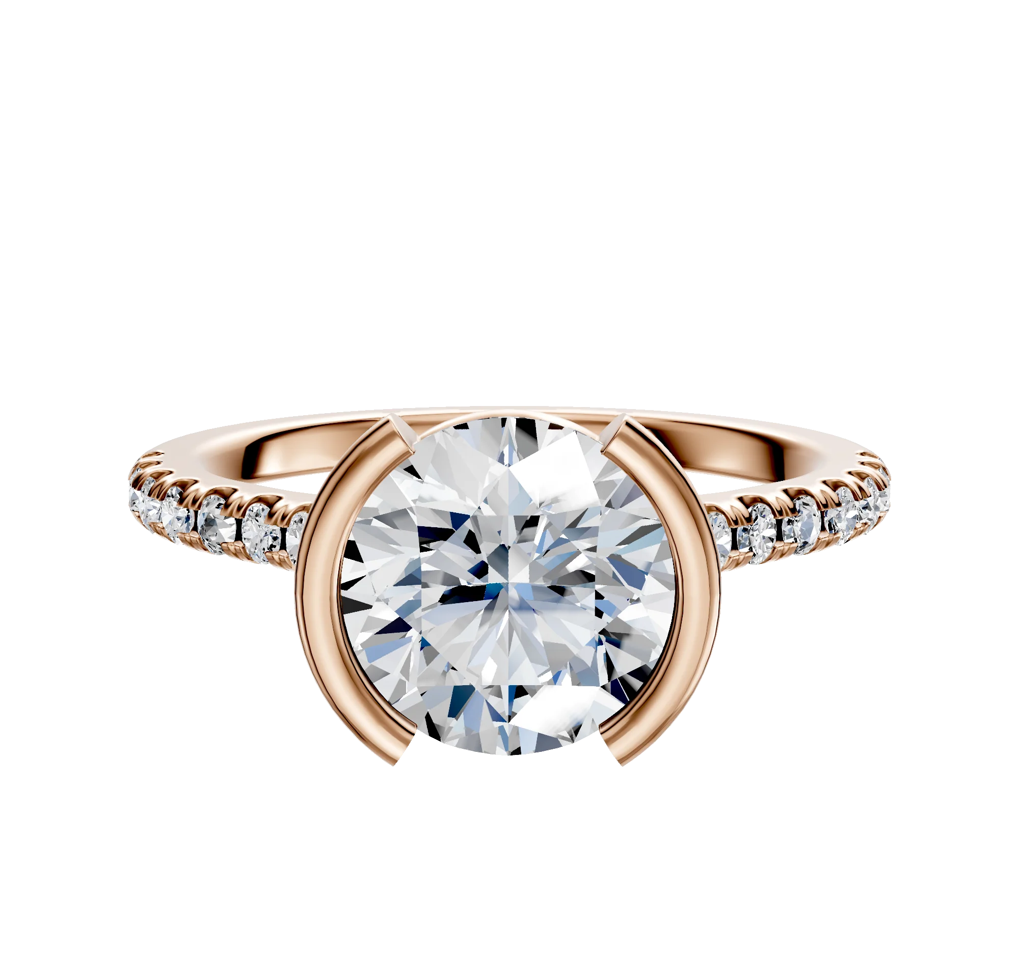 18K Rose Gold Bezel Half Bezel North/South Cathedral Dome 1-Row-Pave 2.5mm Engagement Ring