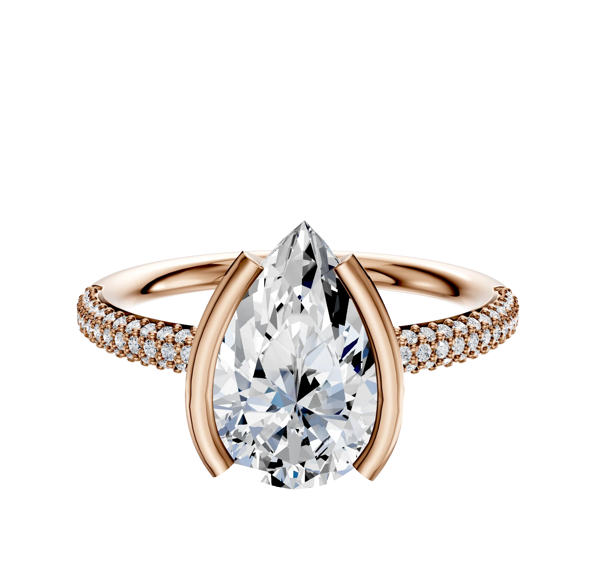 18K Rose Gold Bezel Half Bezel North/South Classic Dome 3-Row-Pave 2.0mm Engagement Ring