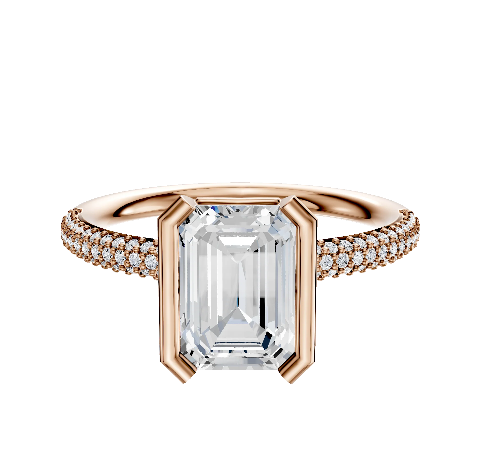 18K Rose Gold Bezel Half Bezel North/South Classic Dome 3-Row-Pave 2.0mm Engagement Ring