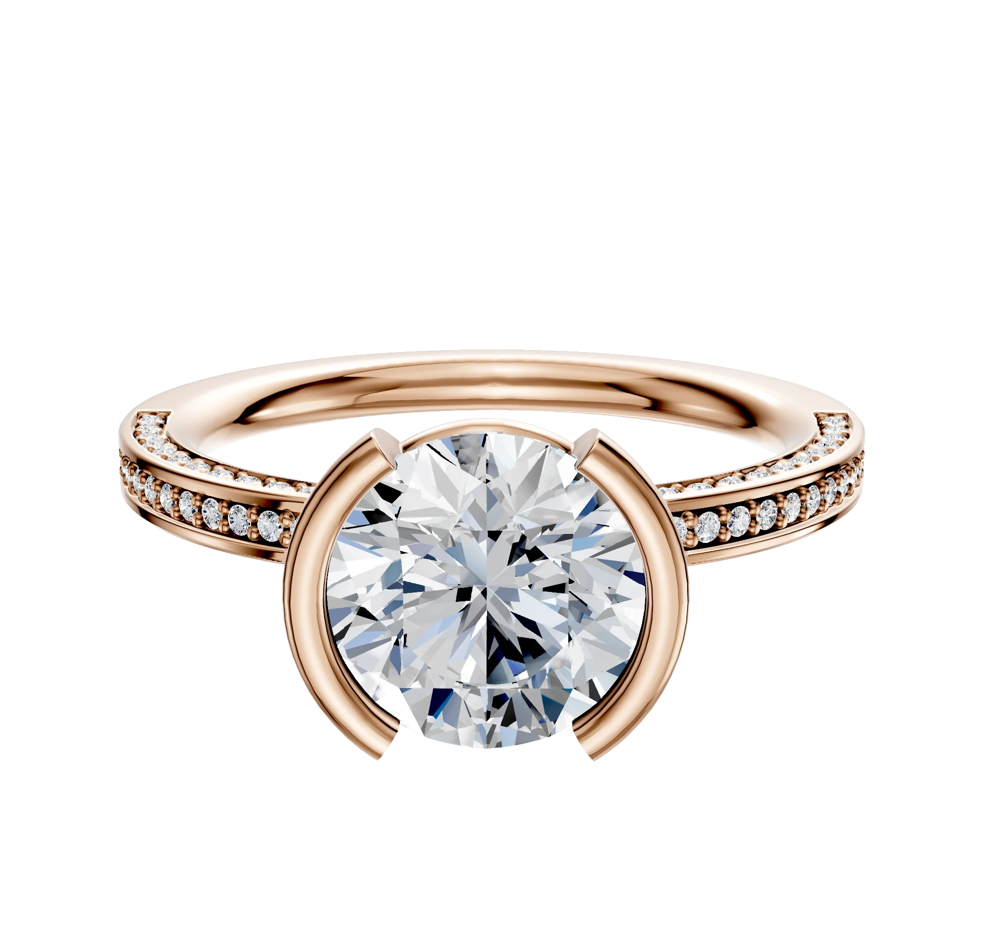 18K Rose Gold Bezel Half Bezel North/South Classic Flat 3-Row-Pave 2.0mm Engagement Ring
