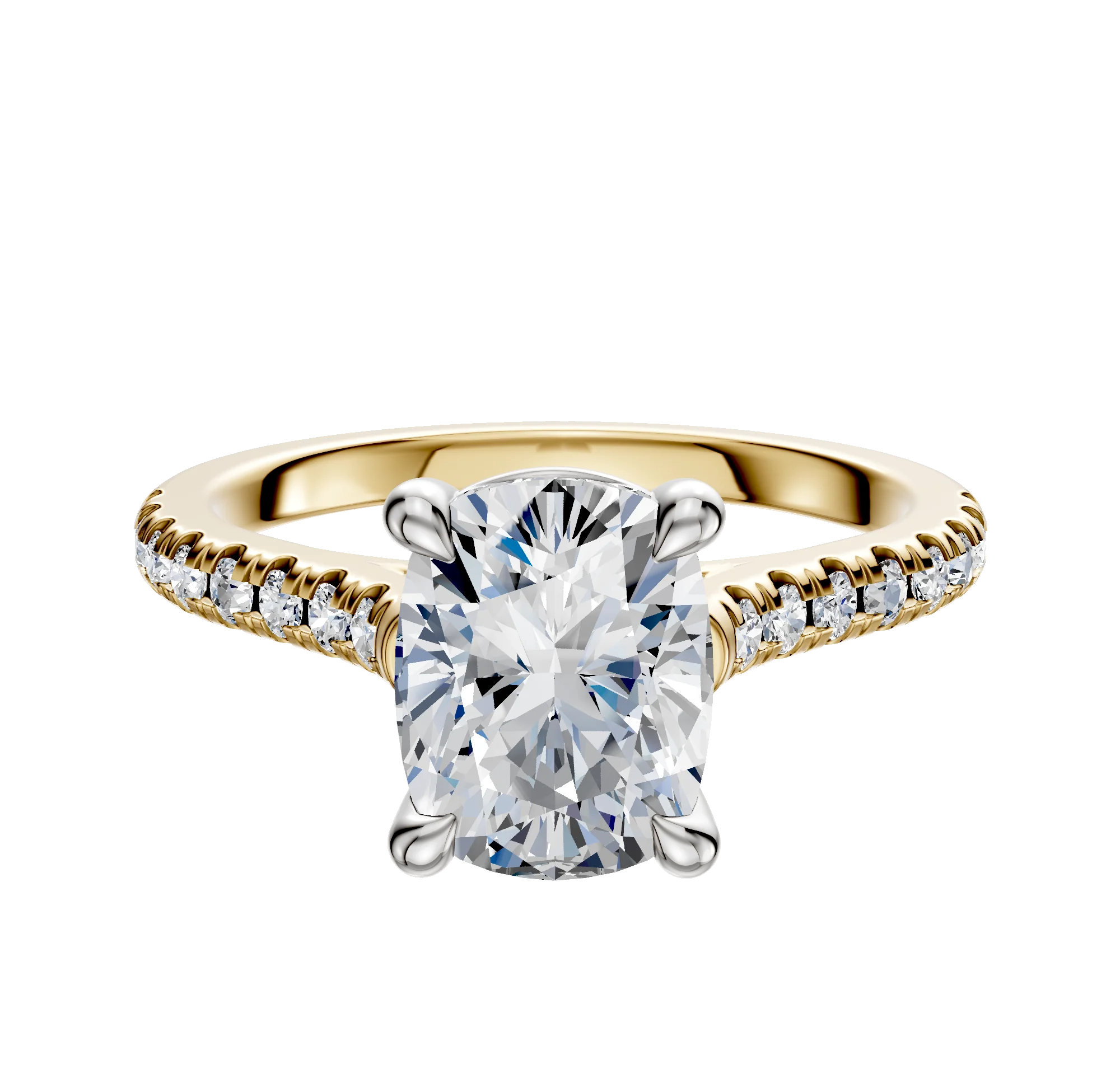 18K Two Tone 4 Prong Basket Cathedral Dome 1-Row-Pave 2.5mm Engagement Ring