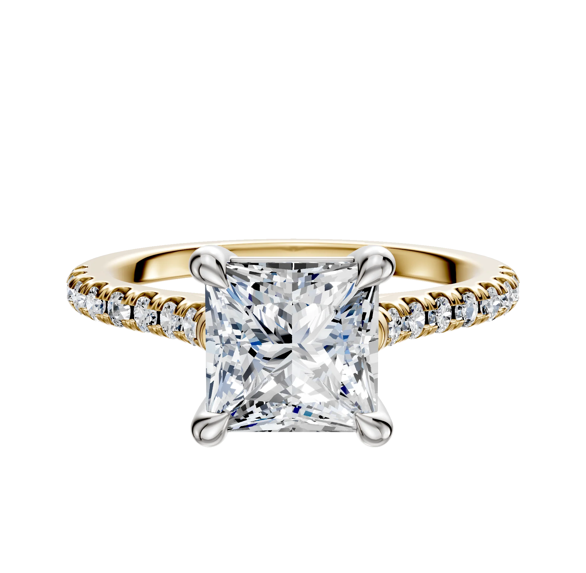 18K Two Tone 4 Prong Basket Cathedral Dome 1-Row-Pave 2.5mm Engagement Ring