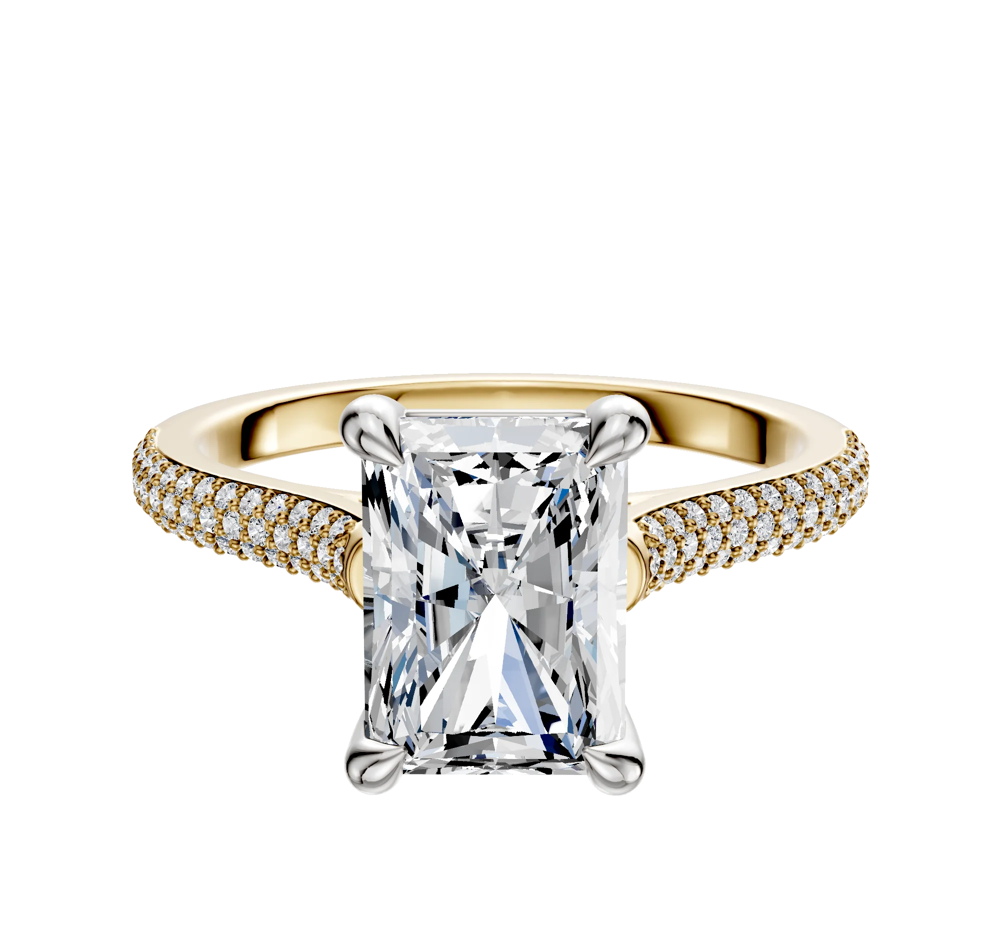 18K Two Tone 4 Prong Basket Cathedral Dome 3-Row-Pave 2.0mm Engagement Ring