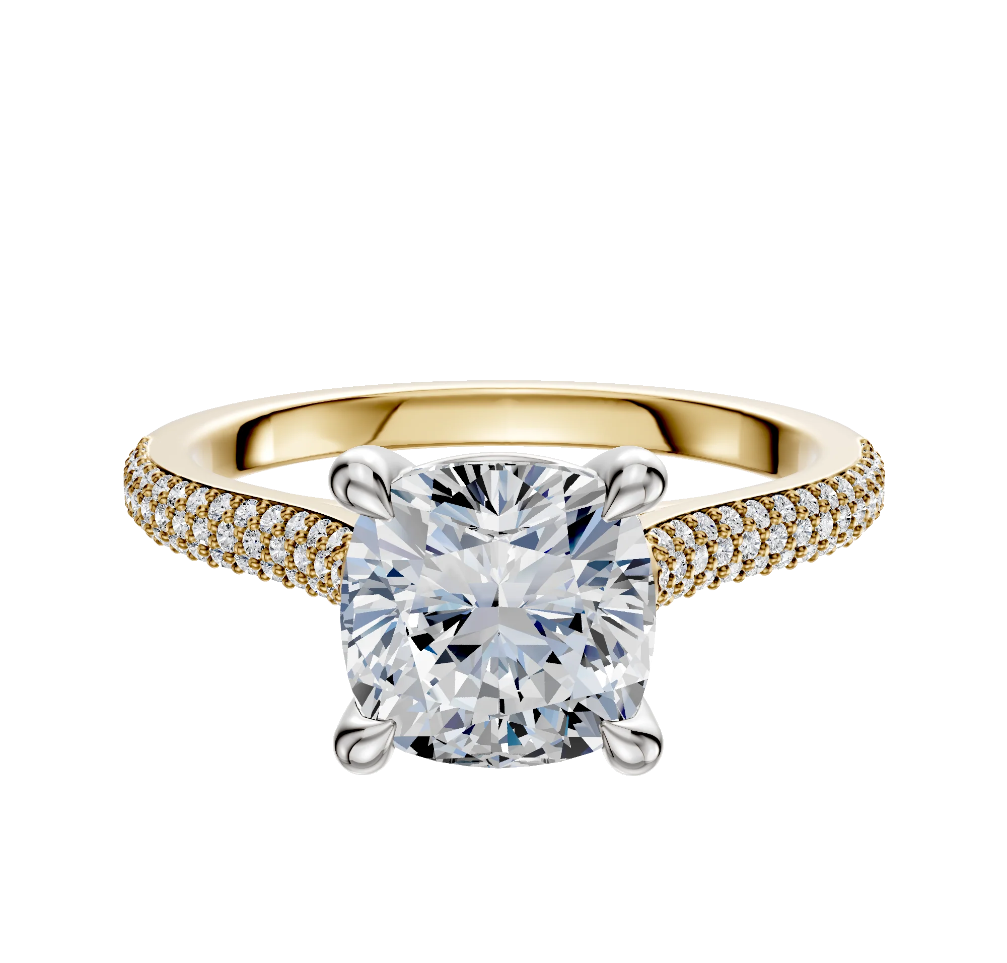 18K Two Tone 4 Prong Basket Cathedral Dome 3-Row-Pave 2.0mm Engagement Ring