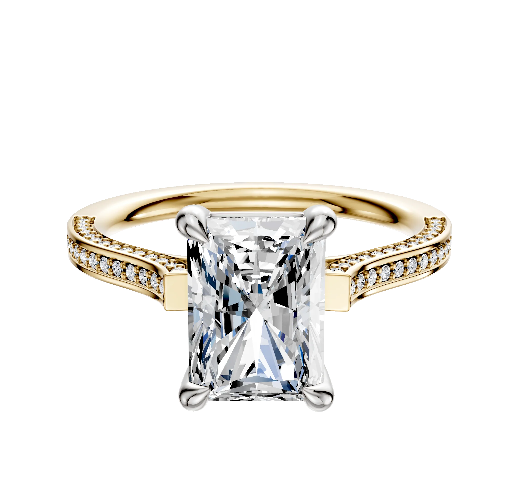 18K Two Tone 4 Prong Basket Cathedral Flat 3-Row-Pave 2.0mm Engagement Ring