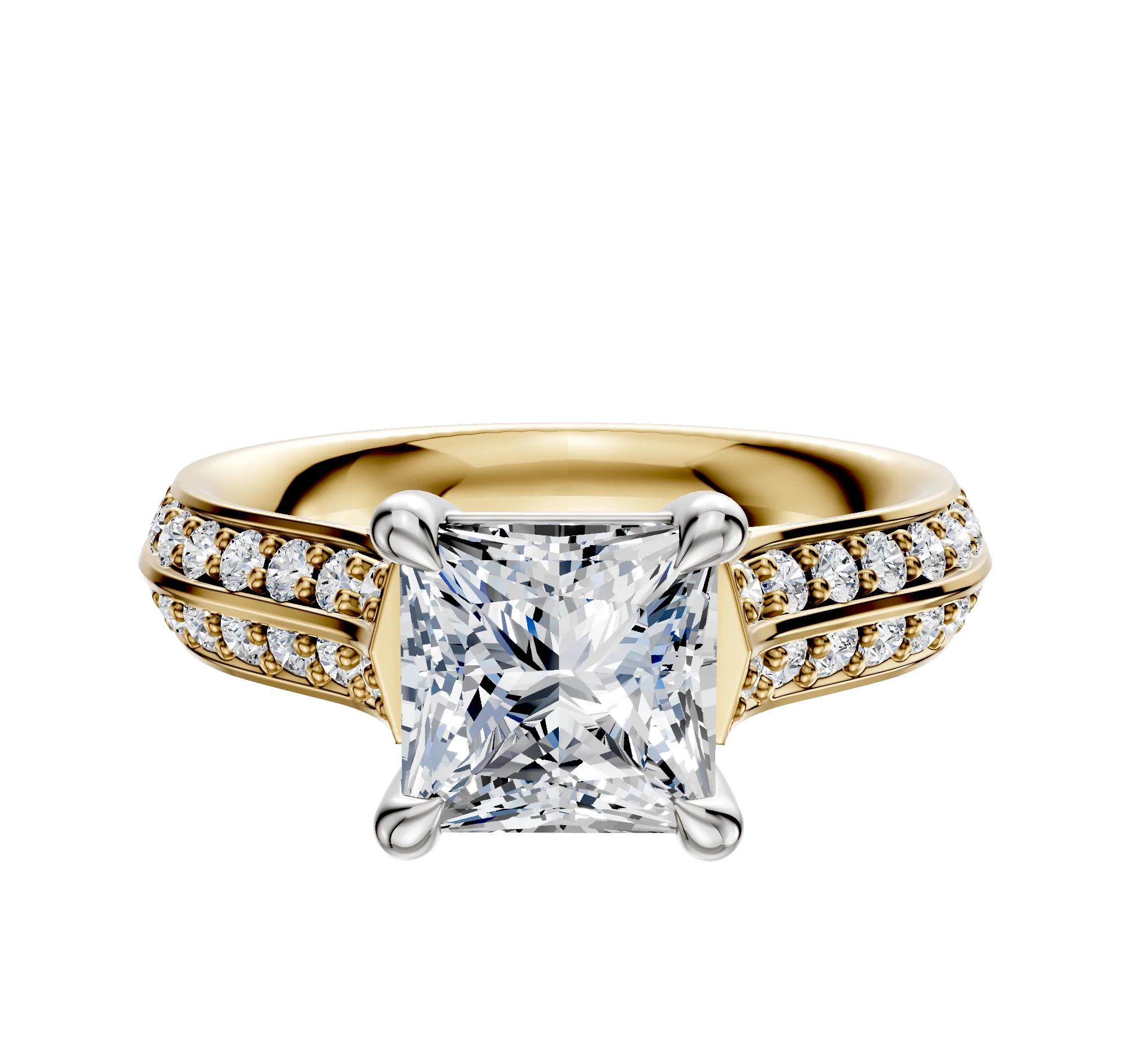 18K Two Tone 4 Prong Basket Cathedral Knife Edge 1-Row-Pave 2.5mm Engagement Ring