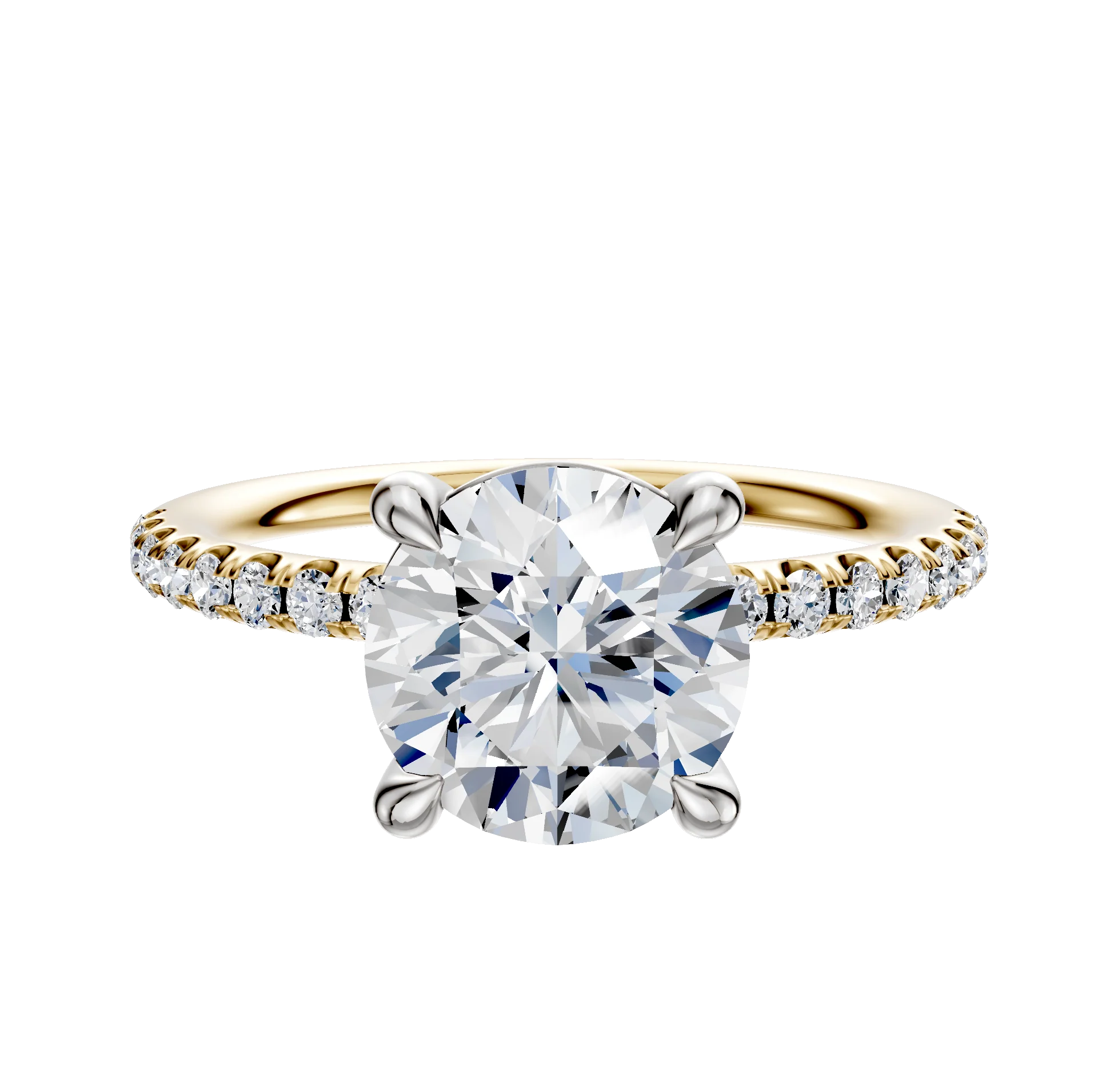 18K Two Tone 4 Prong Basket Classic Dome 1-Row-Pave 2.5mm Engagement Ring