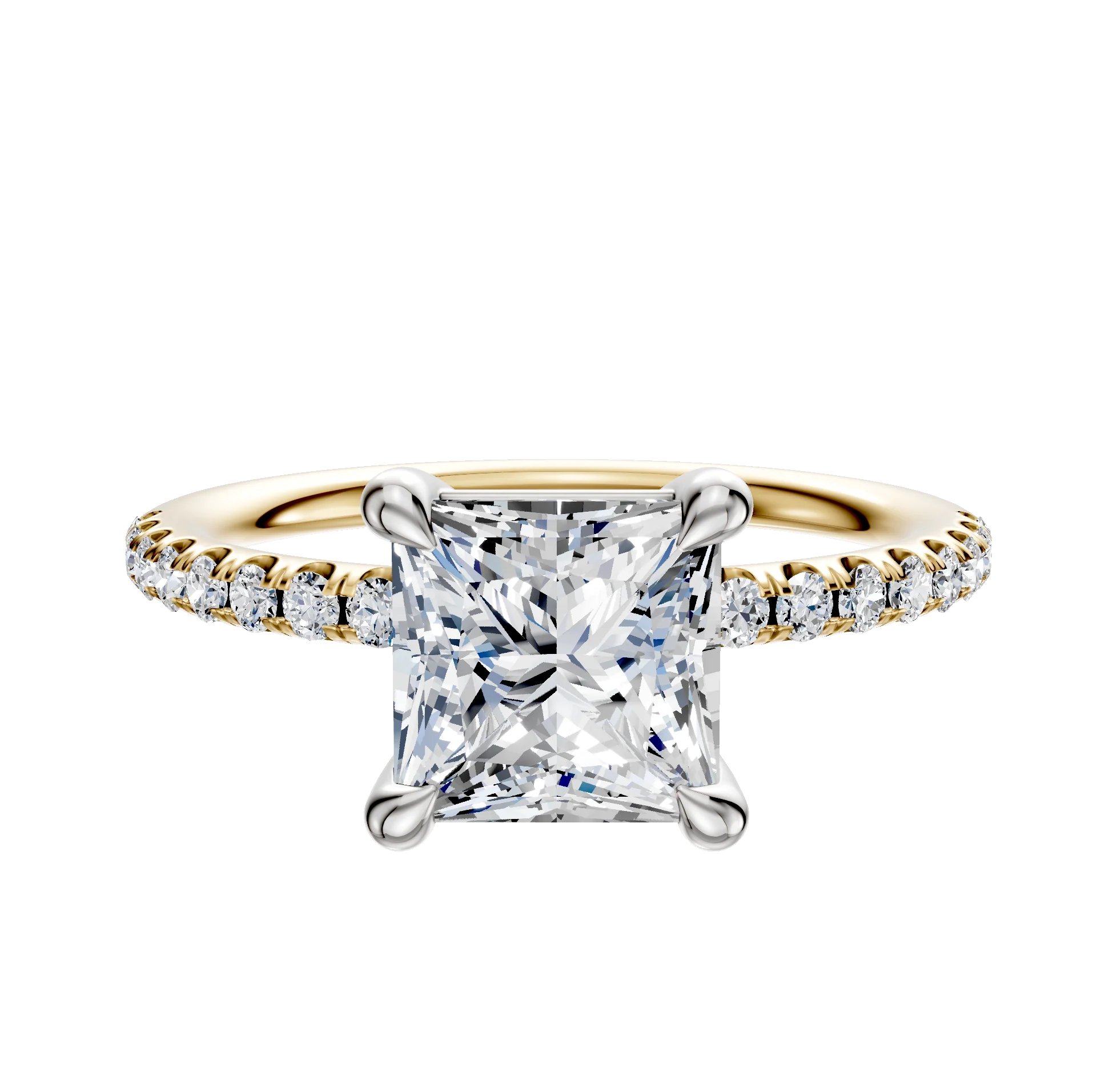 18K Two Tone 4 Prong Basket Classic Dome 1-Row-Pave 2.5mm Engagement Ring