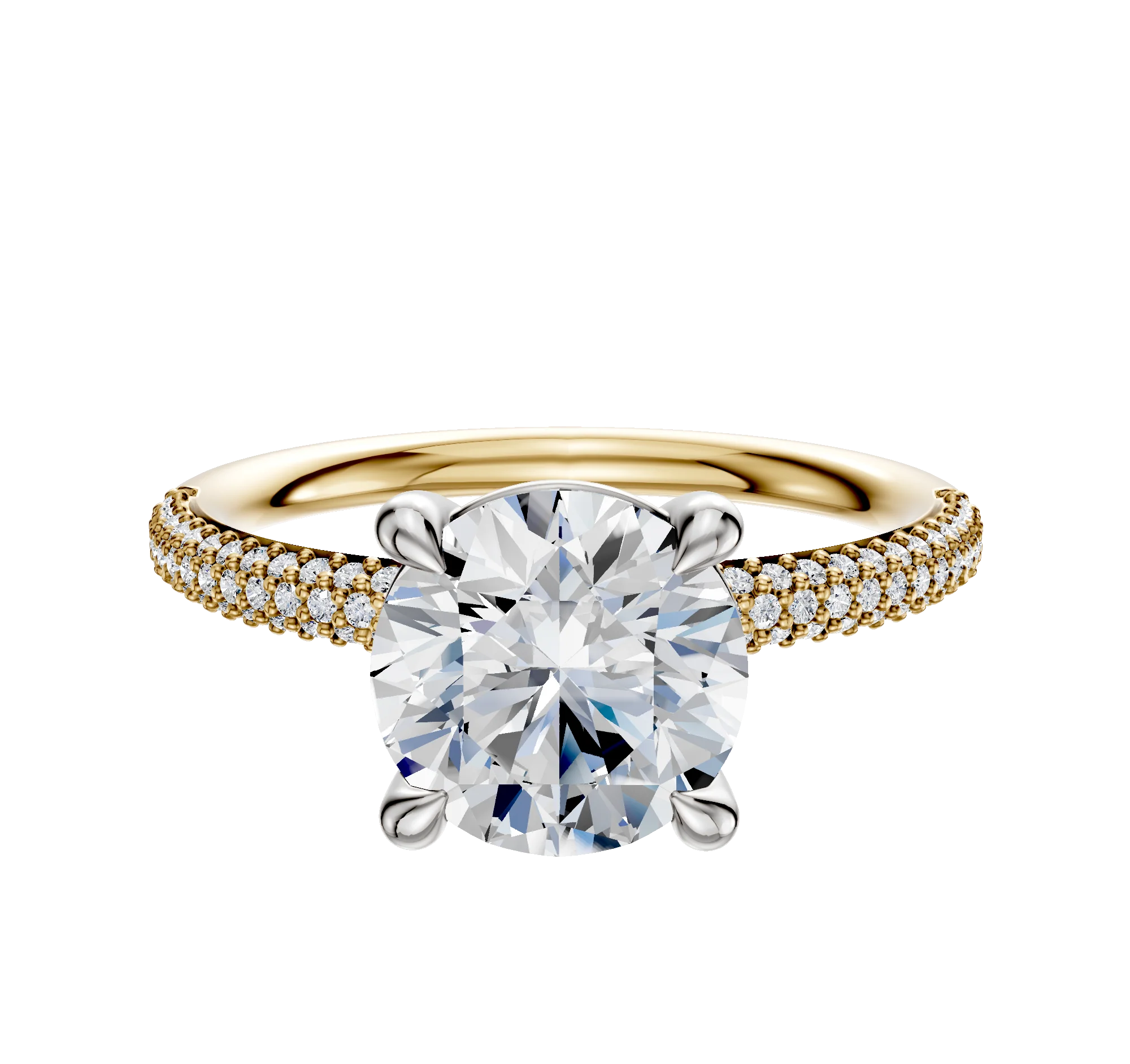 18K Two Tone 4 Prong Basket Classic Dome 3-Row-Pave 2.0mm Engagement Ring