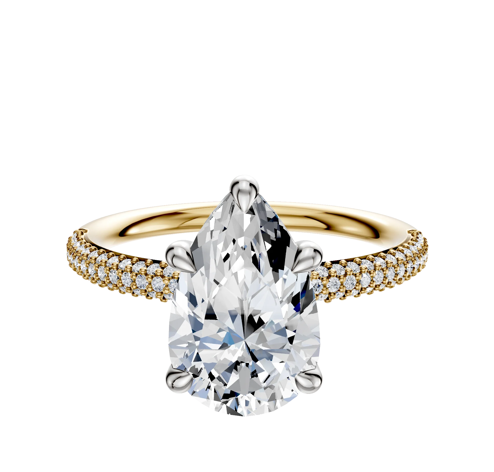 18K Two Tone 4 Prong Basket Classic Dome 3-Row-Pave 2.0mm Engagement Ring