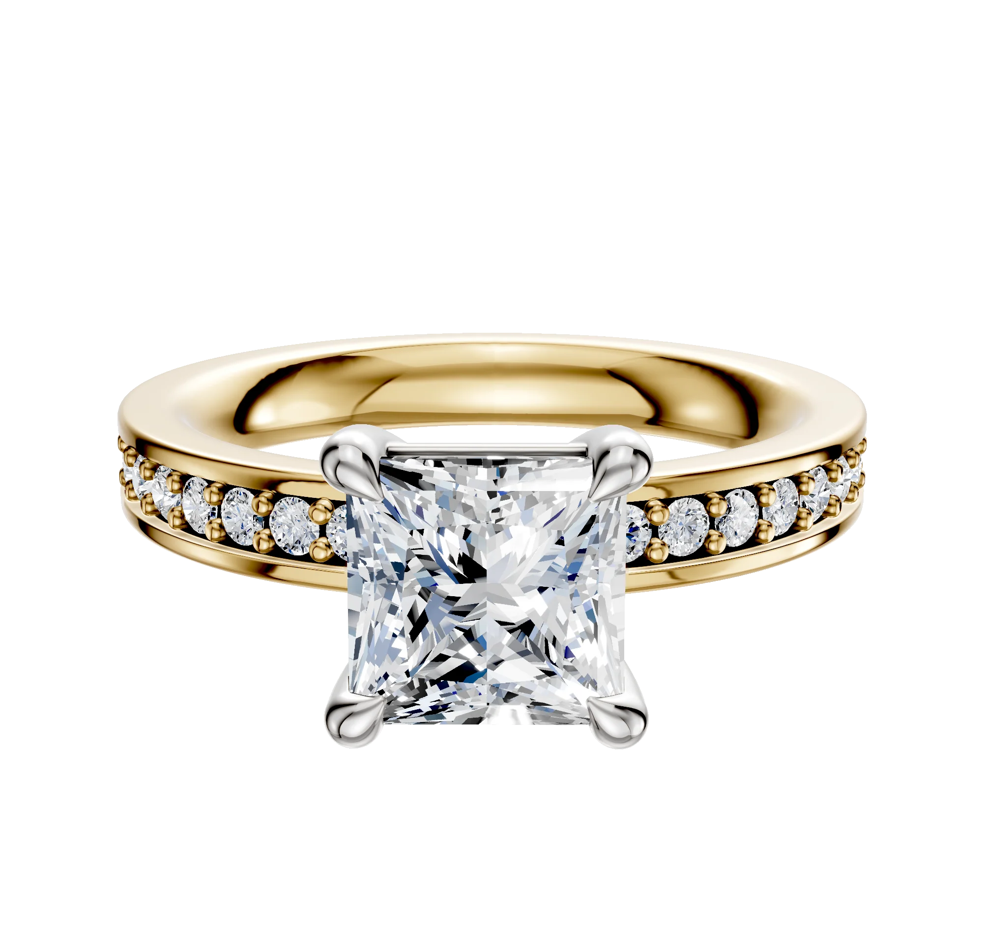 18K Two Tone 4 Prong Basket Classic Flat 1-Row-Pave 2.5mm Engagement Ring