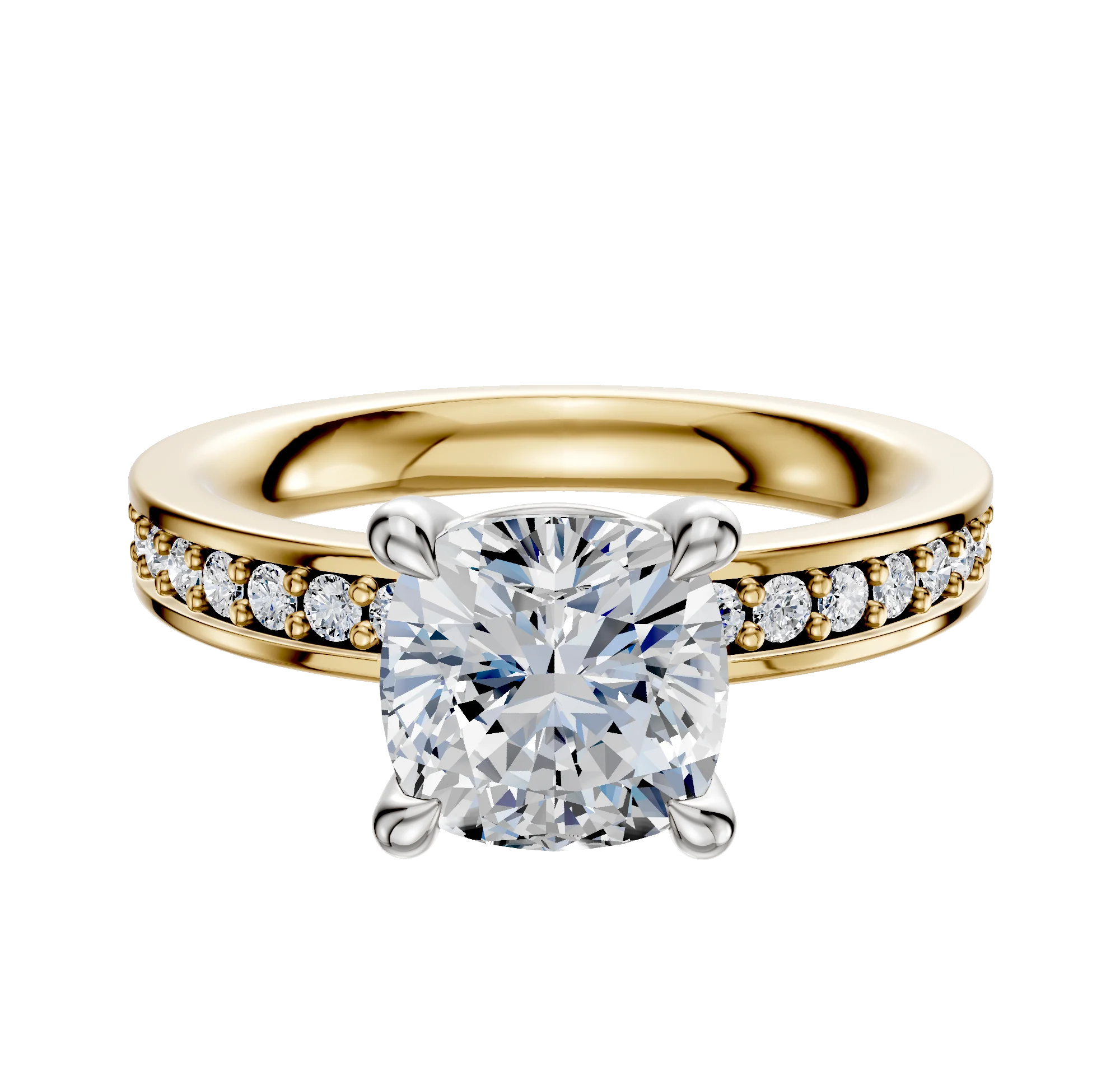 18K Two Tone 4 Prong Basket Classic Flat 1-Row-Pave 2.5mm Engagement Ring
