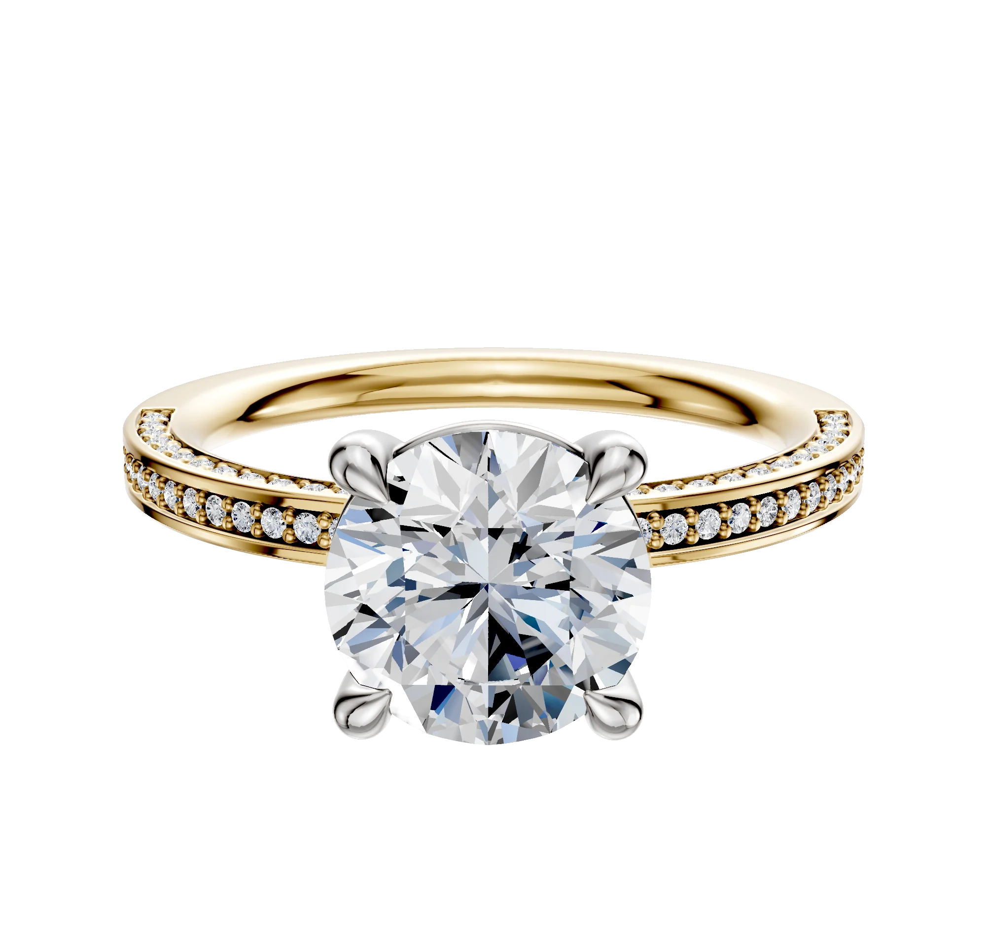 18K Two Tone 4 Prong Basket Classic Flat 3-Row-Pave 2.0mm Engagement Ring