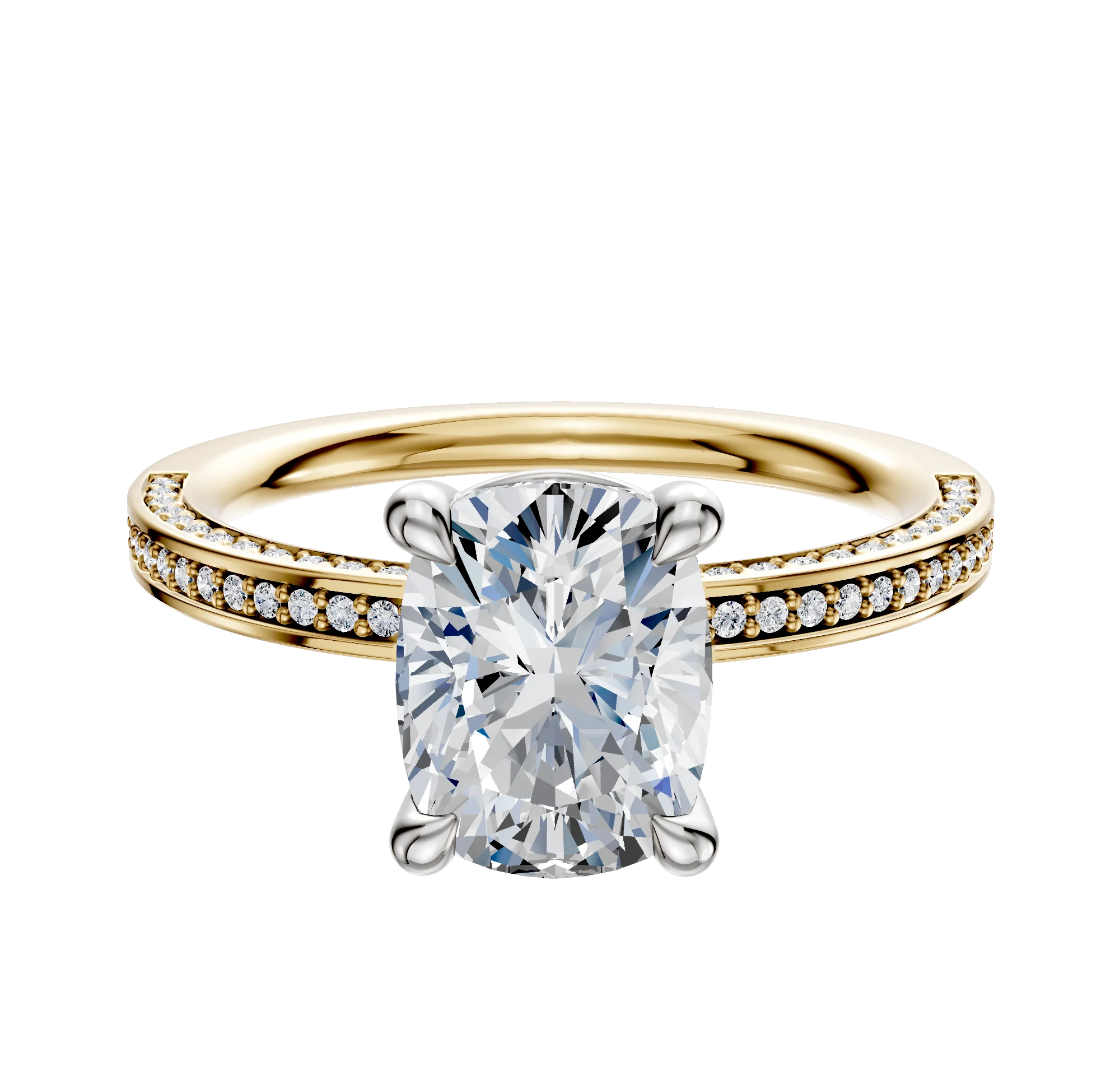 18K Two Tone 4 Prong Basket Classic Flat 3-Row-Pave 2.0mm Engagement Ring