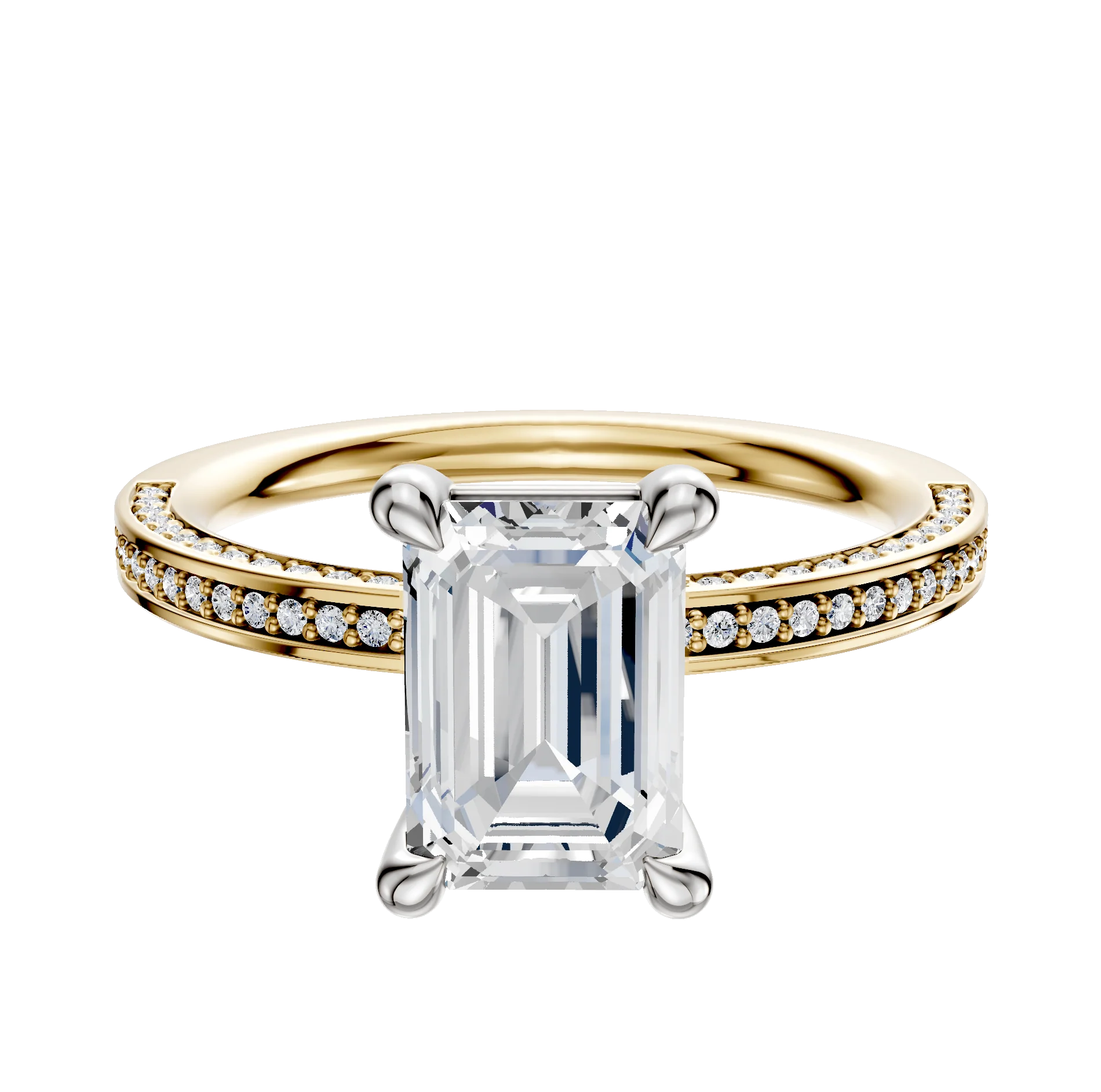 18K Two Tone 4 Prong Basket Classic Flat 3-Row-Pave 2.0mm Engagement Ring