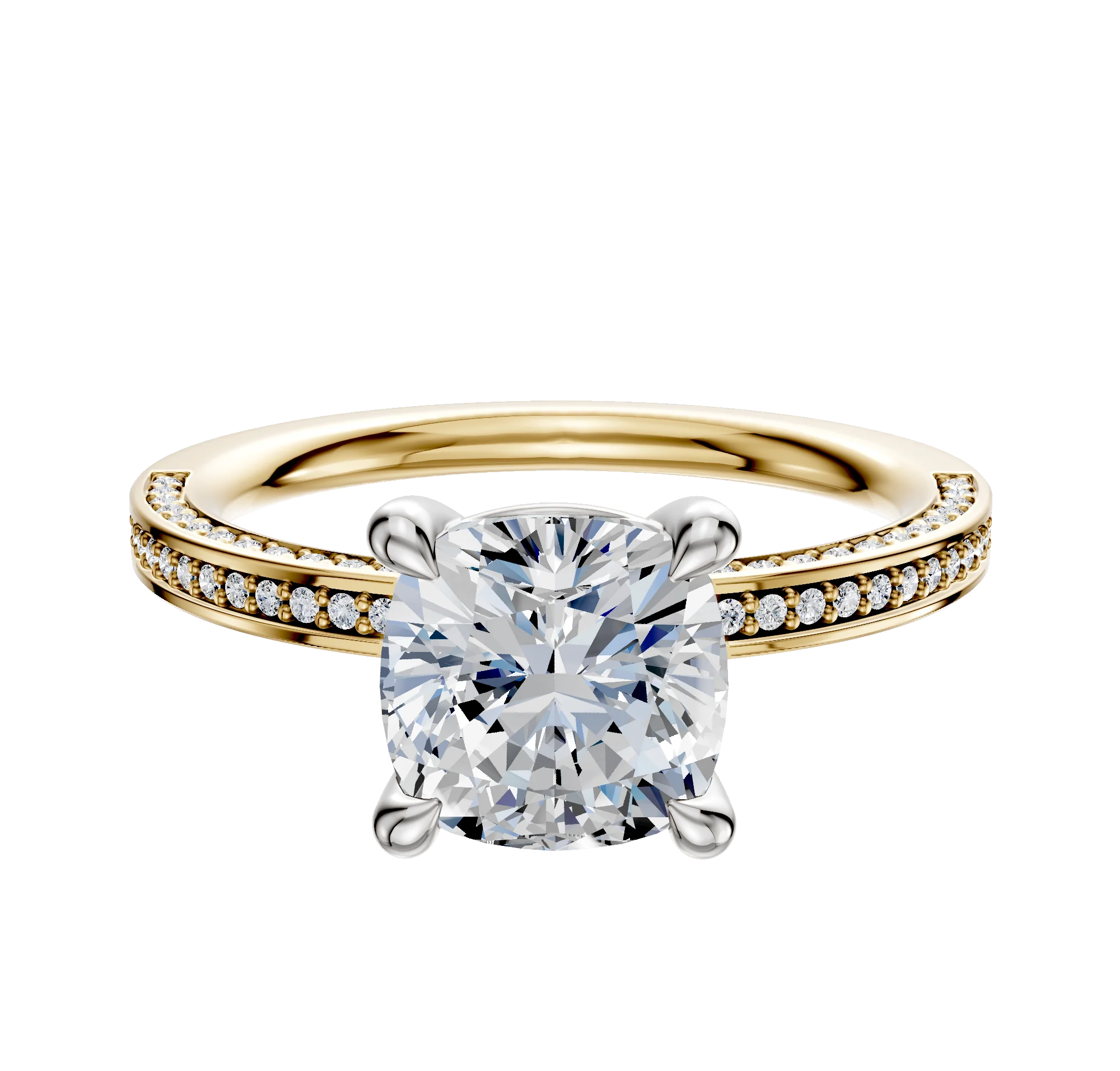 18K Two Tone 4 Prong Basket Classic Flat 3-Row-Pave 2.0mm Engagement Ring