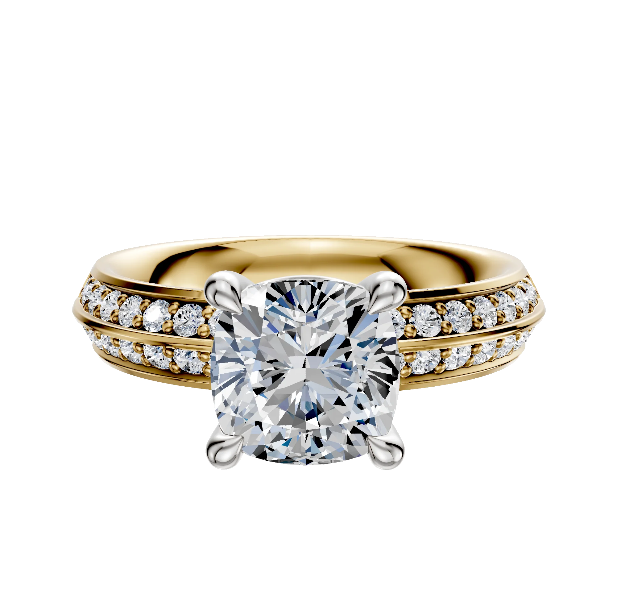 18K Two Tone 4 Prong Basket Classic Knife Edge 1-Row-Pave 2.5mm Engagement Ring