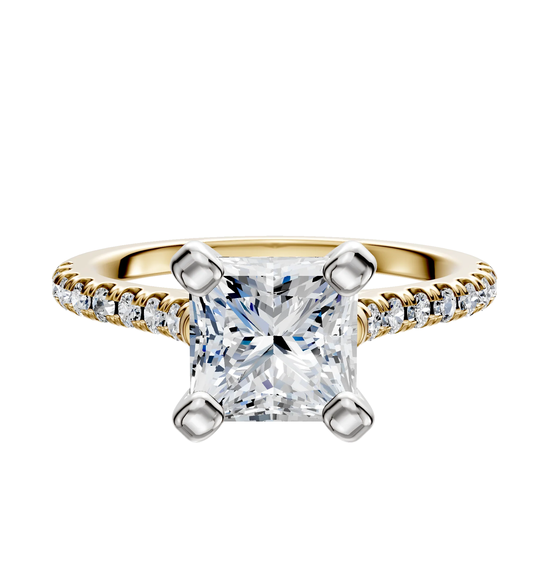 18K Two Tone 4 Prong Cathedral Dome 1-Row-Pave 2.5mm Engagement Ring