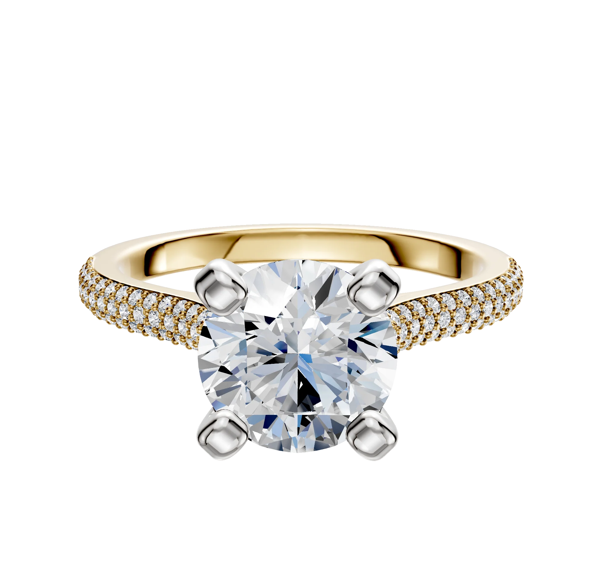 18K Two Tone 4 Prong Cathedral Dome 3-Row-Pave 2.0mm Engagement Ring