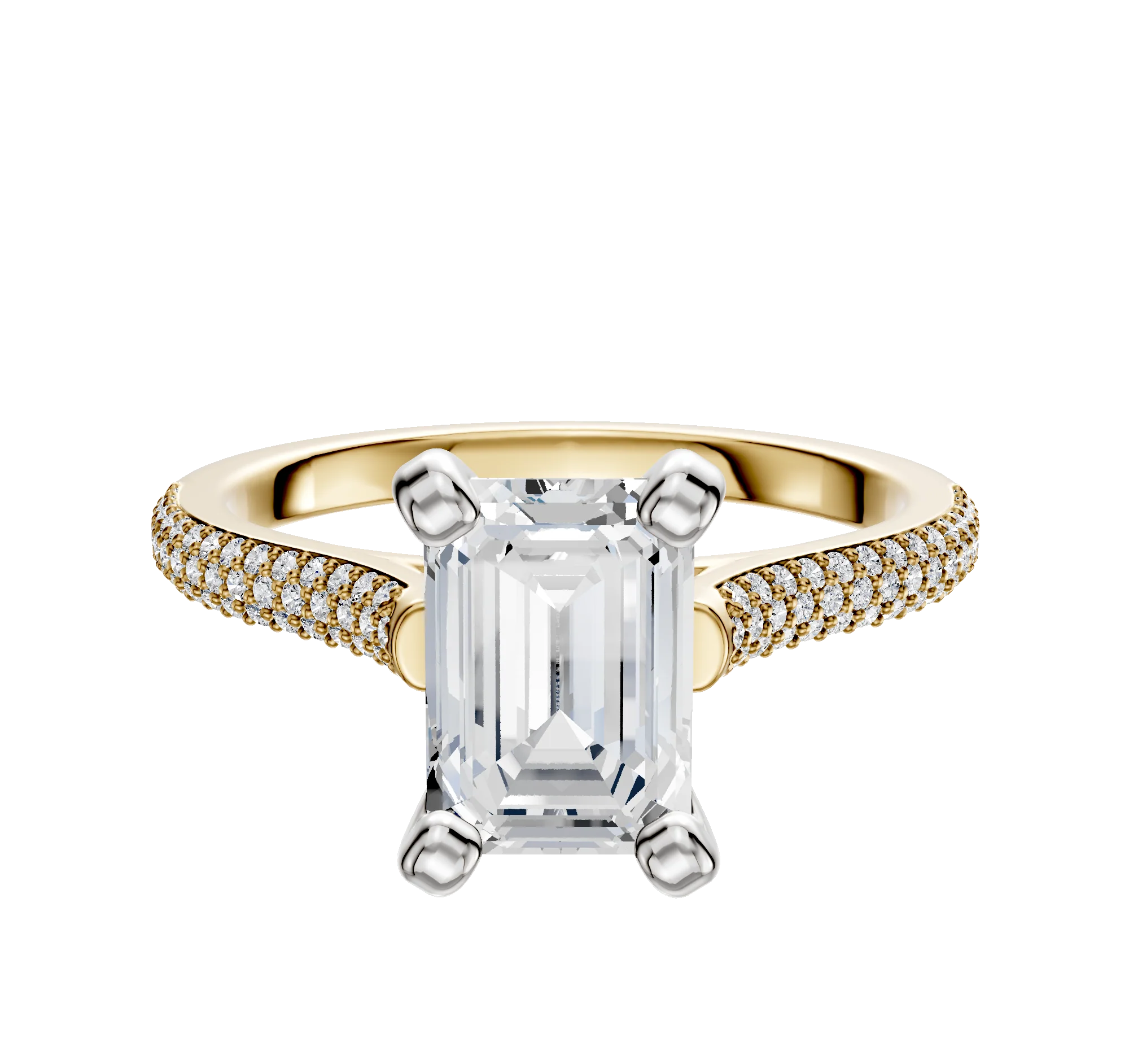 18K Two Tone 4 Prong Cathedral Dome 3-Row-Pave 2.0mm Engagement Ring