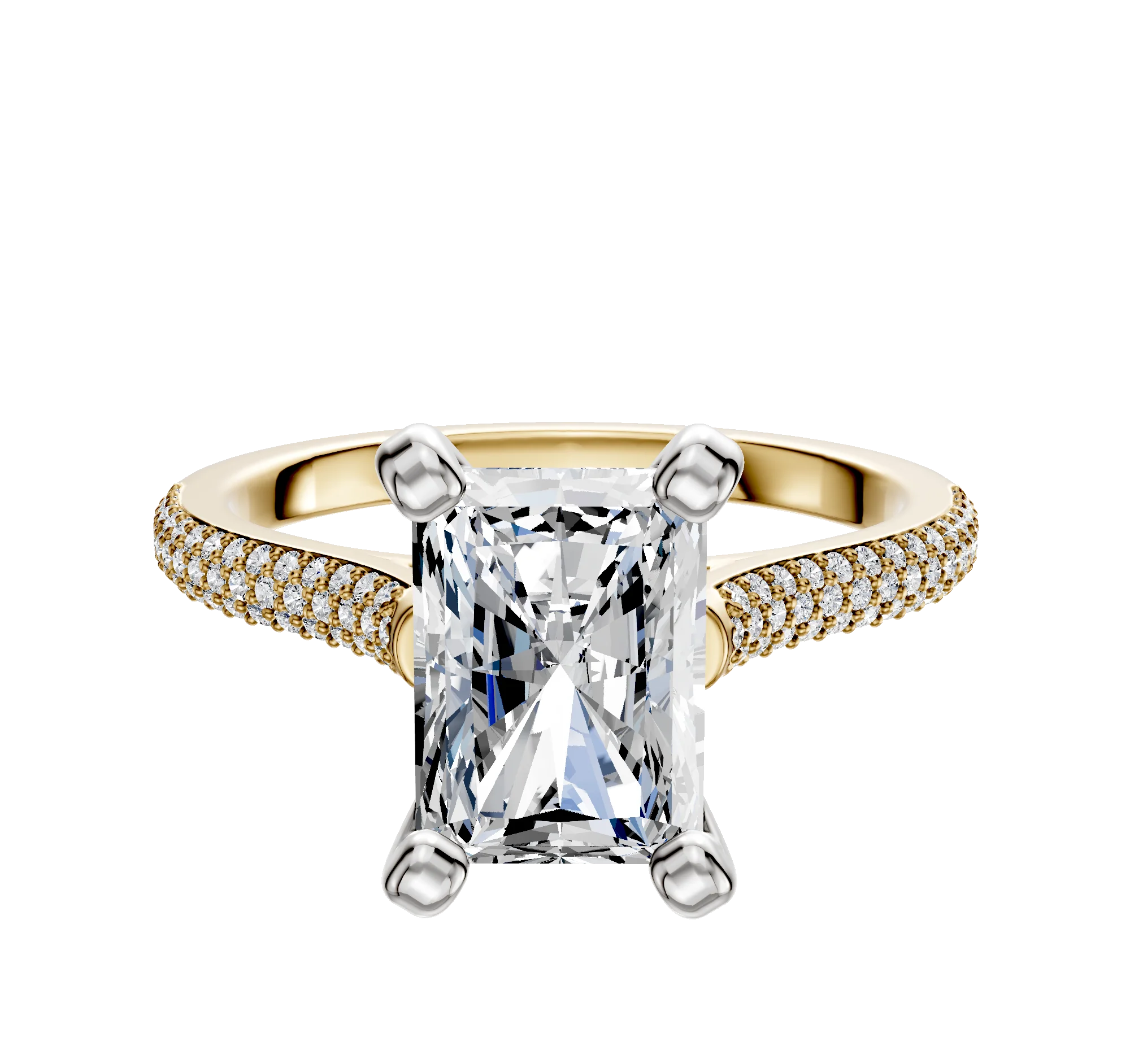 18K Two Tone 4 Prong Cathedral Dome 3-Row-Pave 2.0mm Engagement Ring