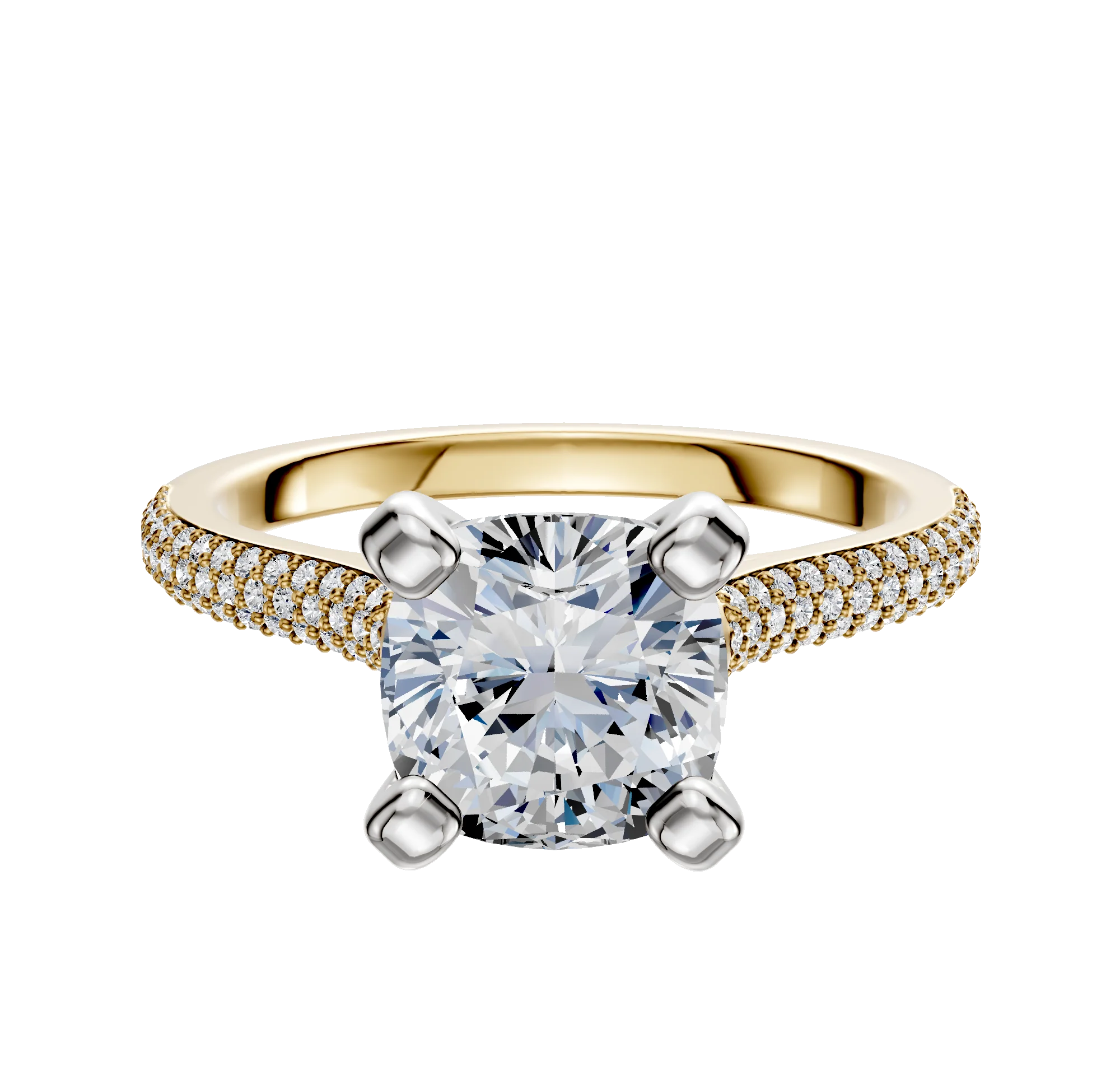 18K Two Tone 4 Prong Cathedral Dome 3-Row-Pave 2.0mm Engagement Ring