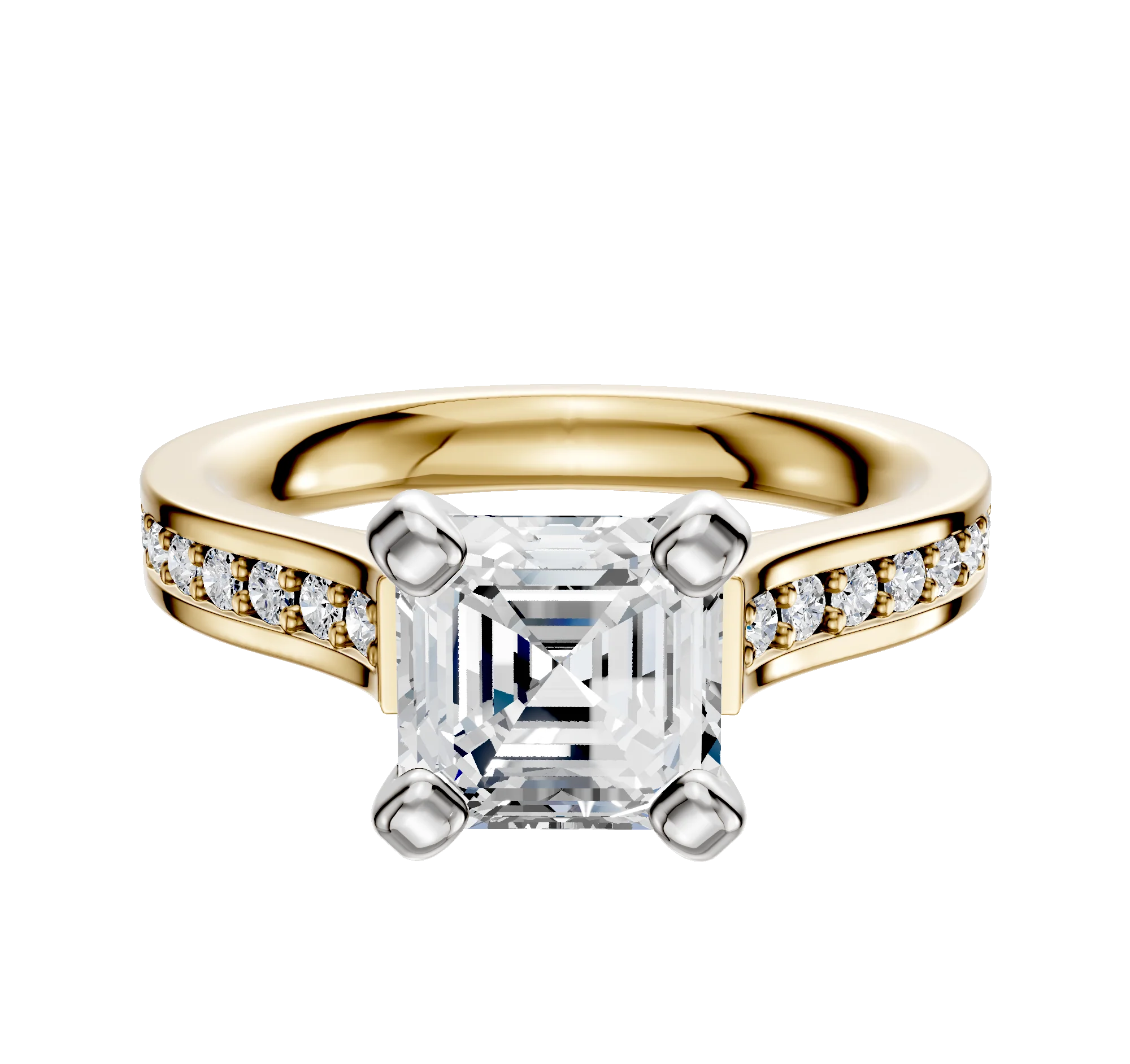 18K Two Tone 4 Prong Cathedral Flat 1-Row-Pave 2.5mm Engagement Ring
