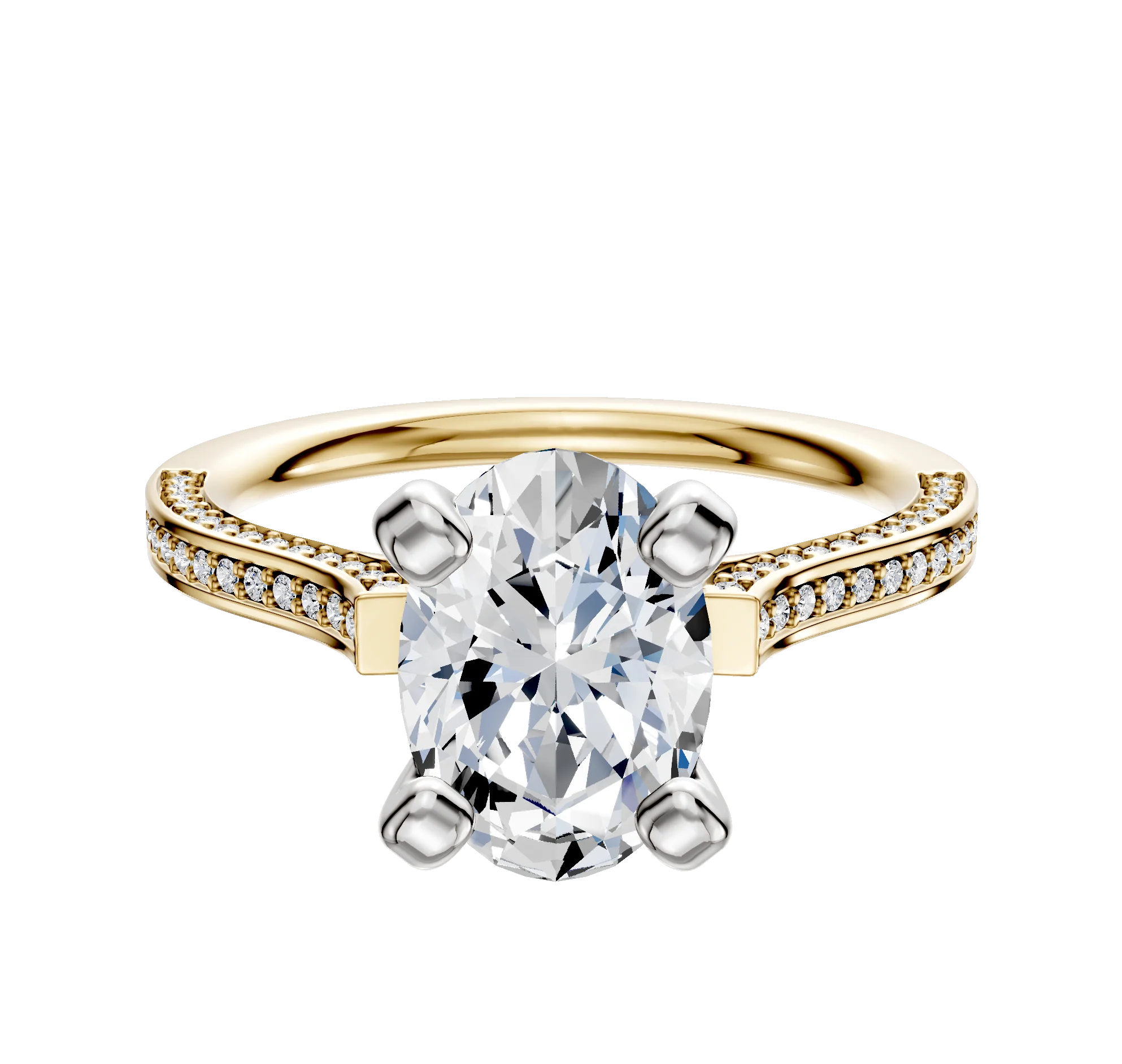 18K Two Tone 4 Prong Cathedral Flat 3-Row-Pave 2.0mm Engagement Ring