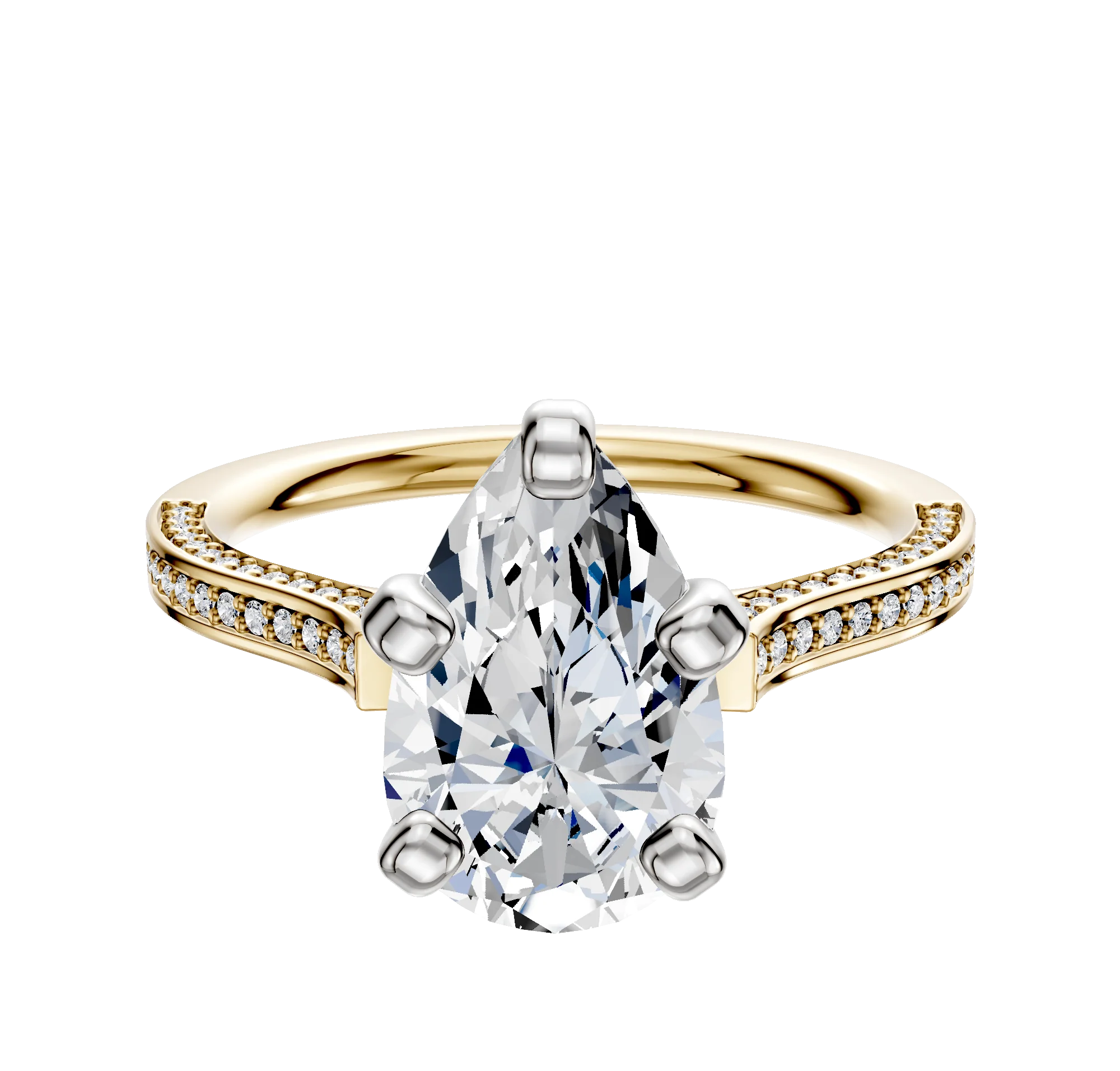 18K Two Tone 4 Prong Cathedral Flat 3-Row-Pave 2.0mm Engagement Ring