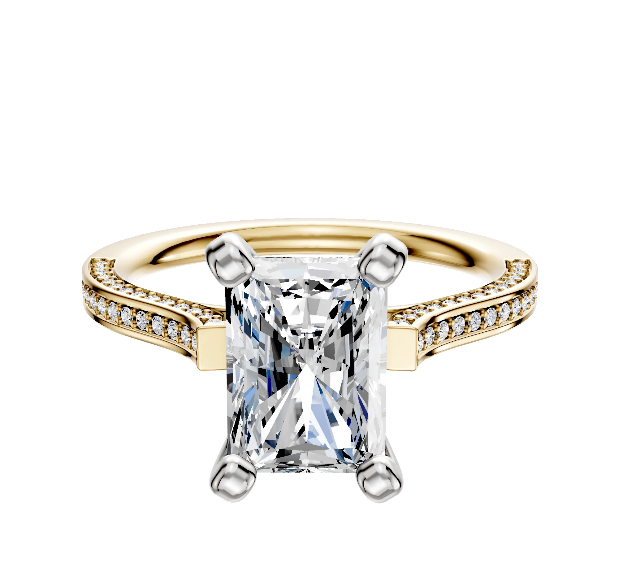 18K Two Tone 4 Prong Cathedral Flat 3-Row-Pave 2.0mm Engagement Ring