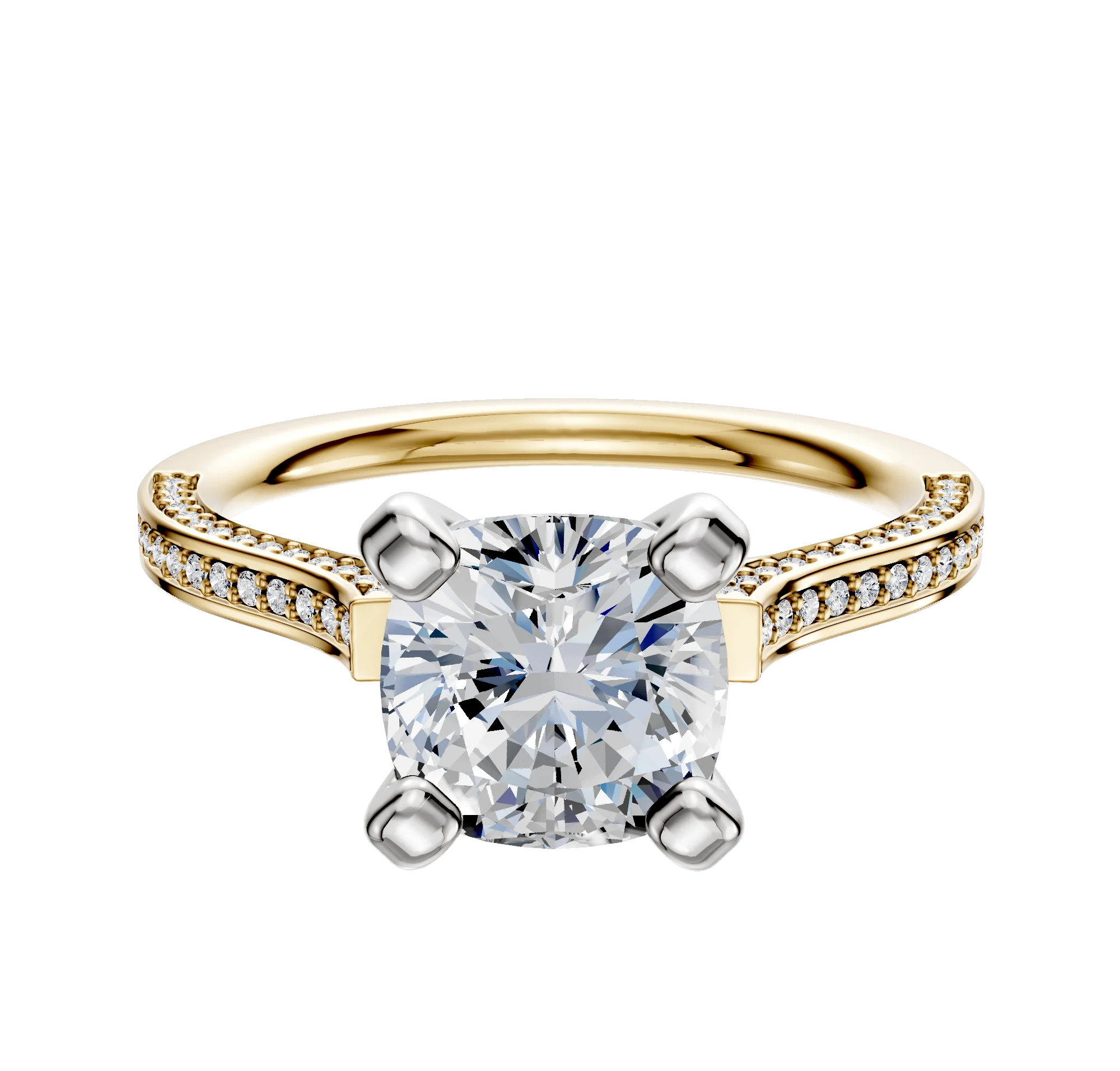 18K Two Tone 4 Prong Cathedral Flat 3-Row-Pave 2.0mm Engagement Ring