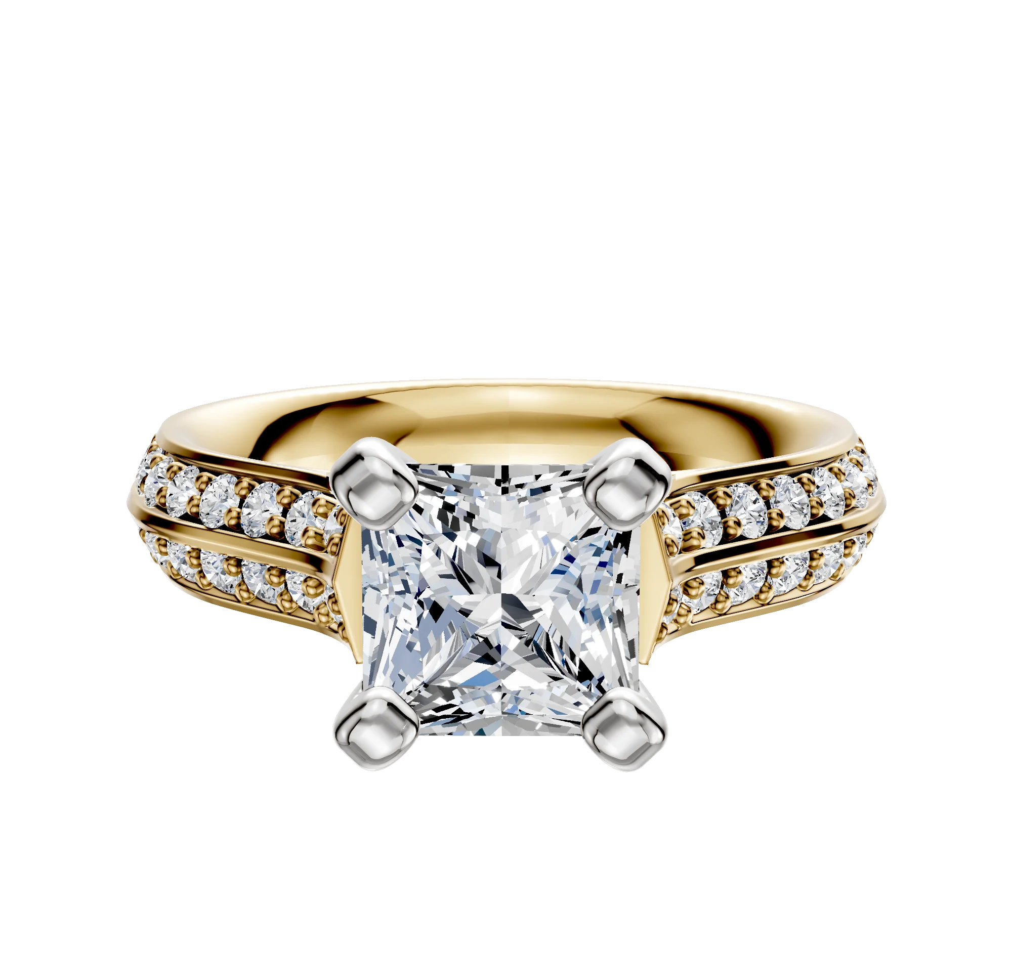 18K Two Tone 4 Prong Cathedral Knife Edge 1-Row-Pave 2.5mm Engagement Ring