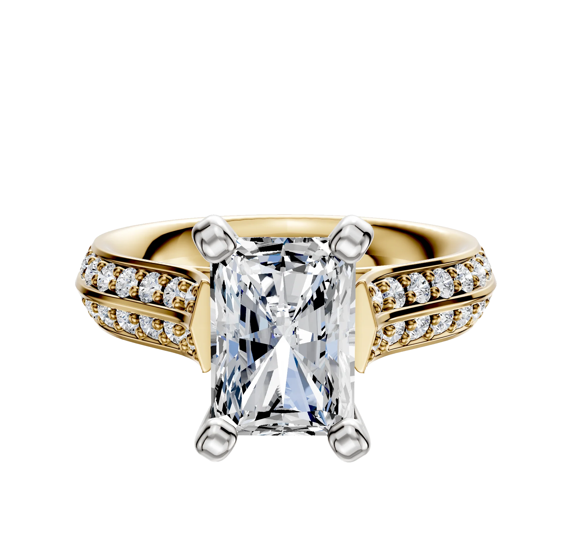 18K Two Tone 4 Prong Cathedral Knife Edge 1-Row-Pave 2.5mm Engagement Ring