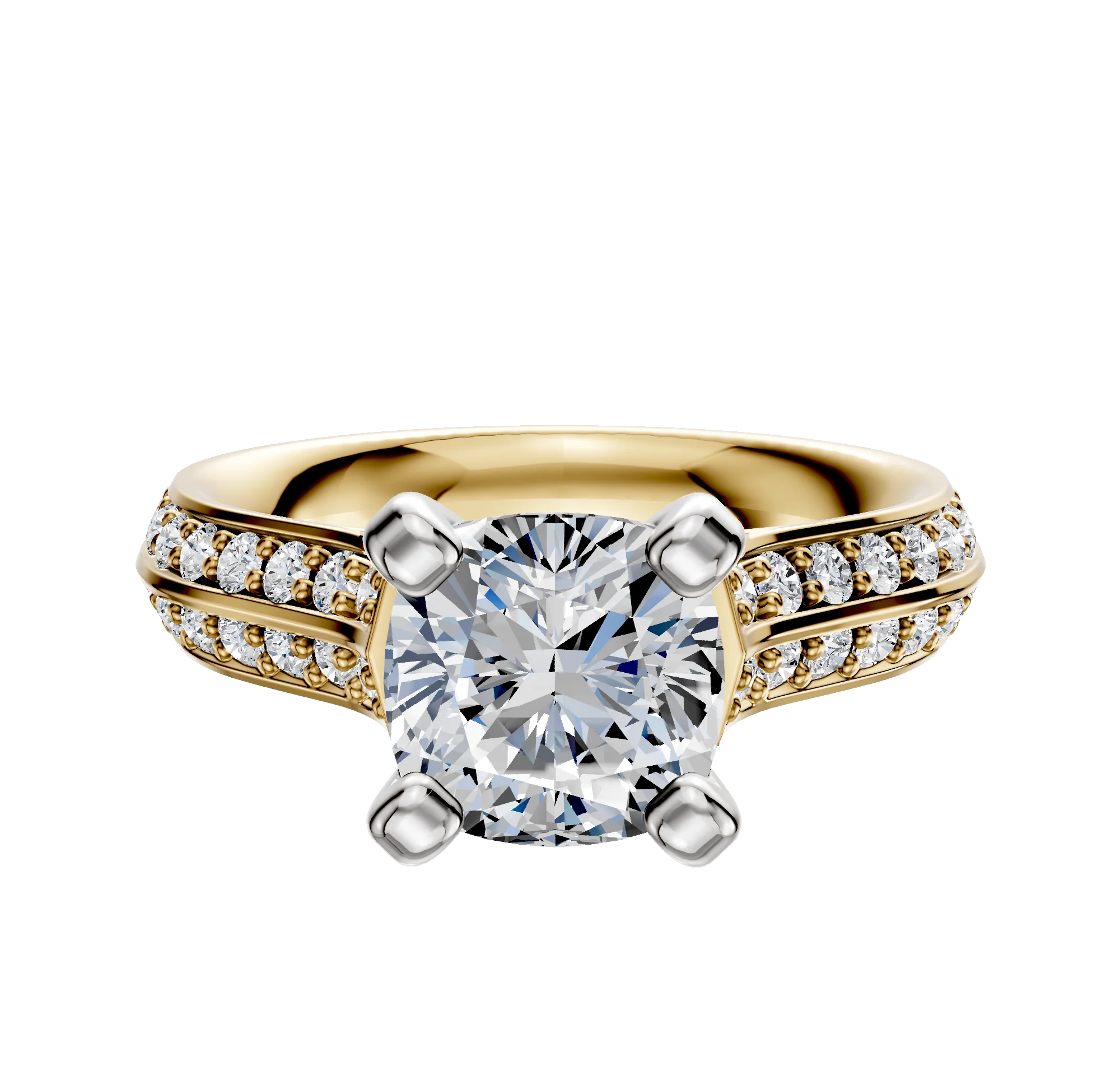 18K Two Tone 4 Prong Cathedral Knife Edge 1-Row-Pave 2.5mm Engagement Ring