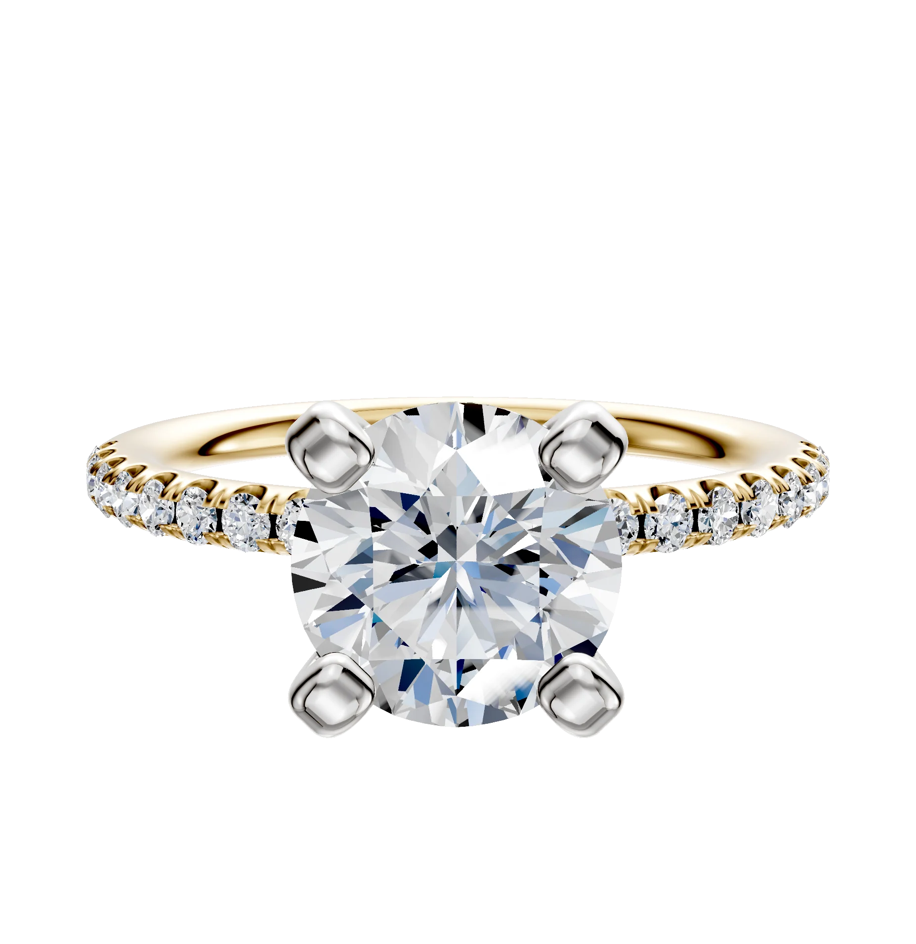 18K Two Tone 4 Prong Classic Dome 1-Row-Pave 2.5mm Engagement Ring