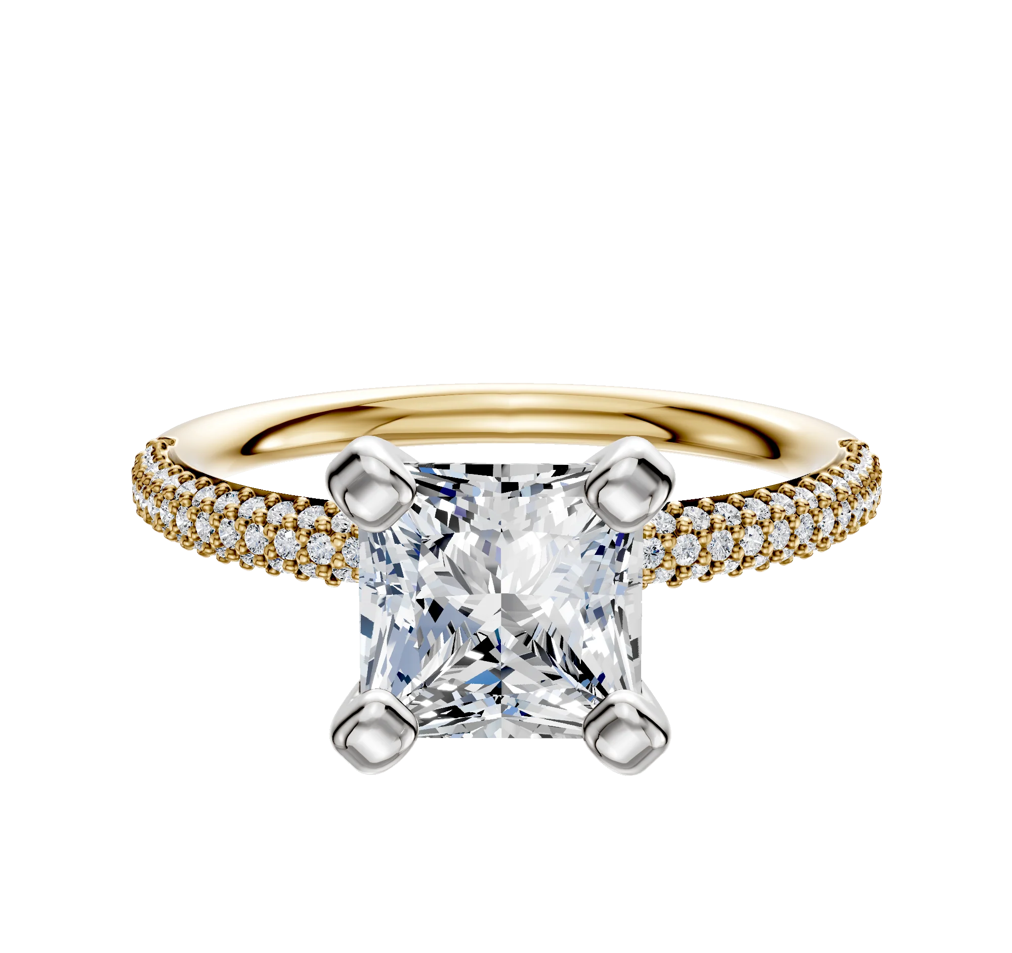 18K Two Tone 4 Prong Classic Dome 3-Row-Pave 2.0mm Engagement Ring