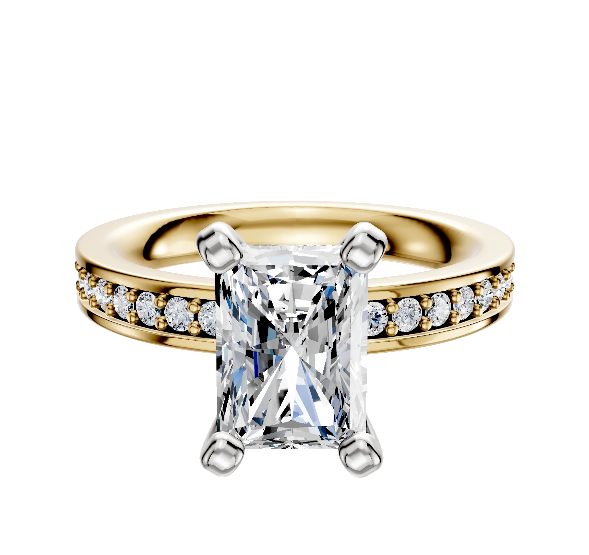 18K Two Tone 4 Prong Classic Flat 1-Row-Pave 2.5mm Engagement Ring